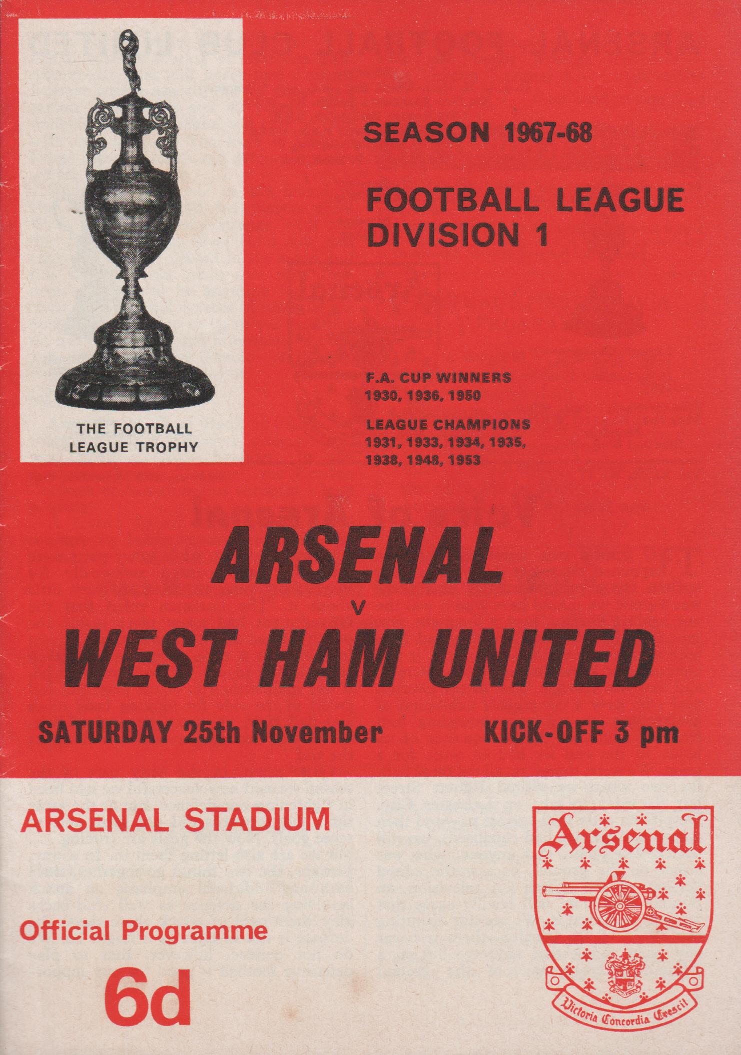 Arsenal v West Ham United 25-Nov-1967
