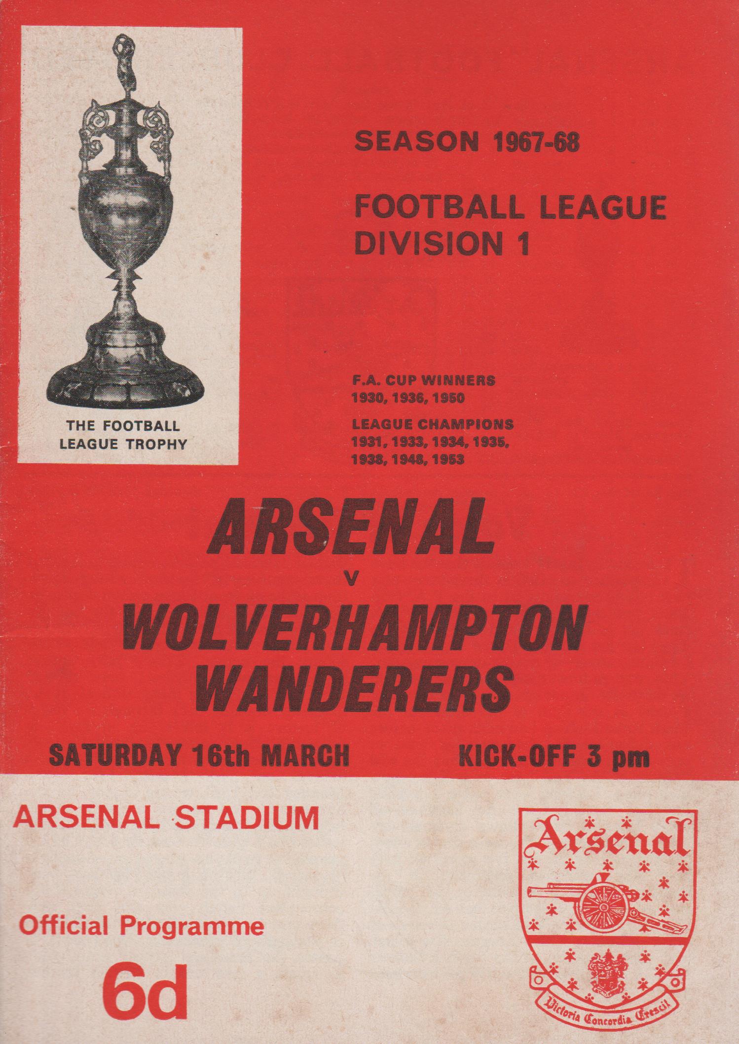 Arsenal v Wolverhampton Wanderers 16-Mar-1968