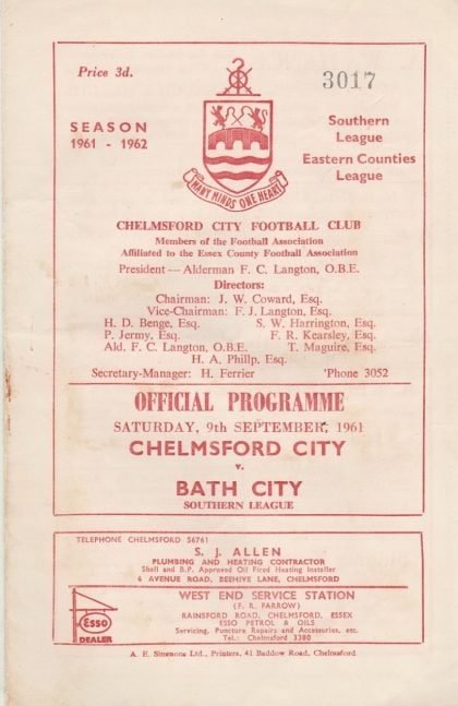 Chelmsford City v Bath City 09-Sep-1961