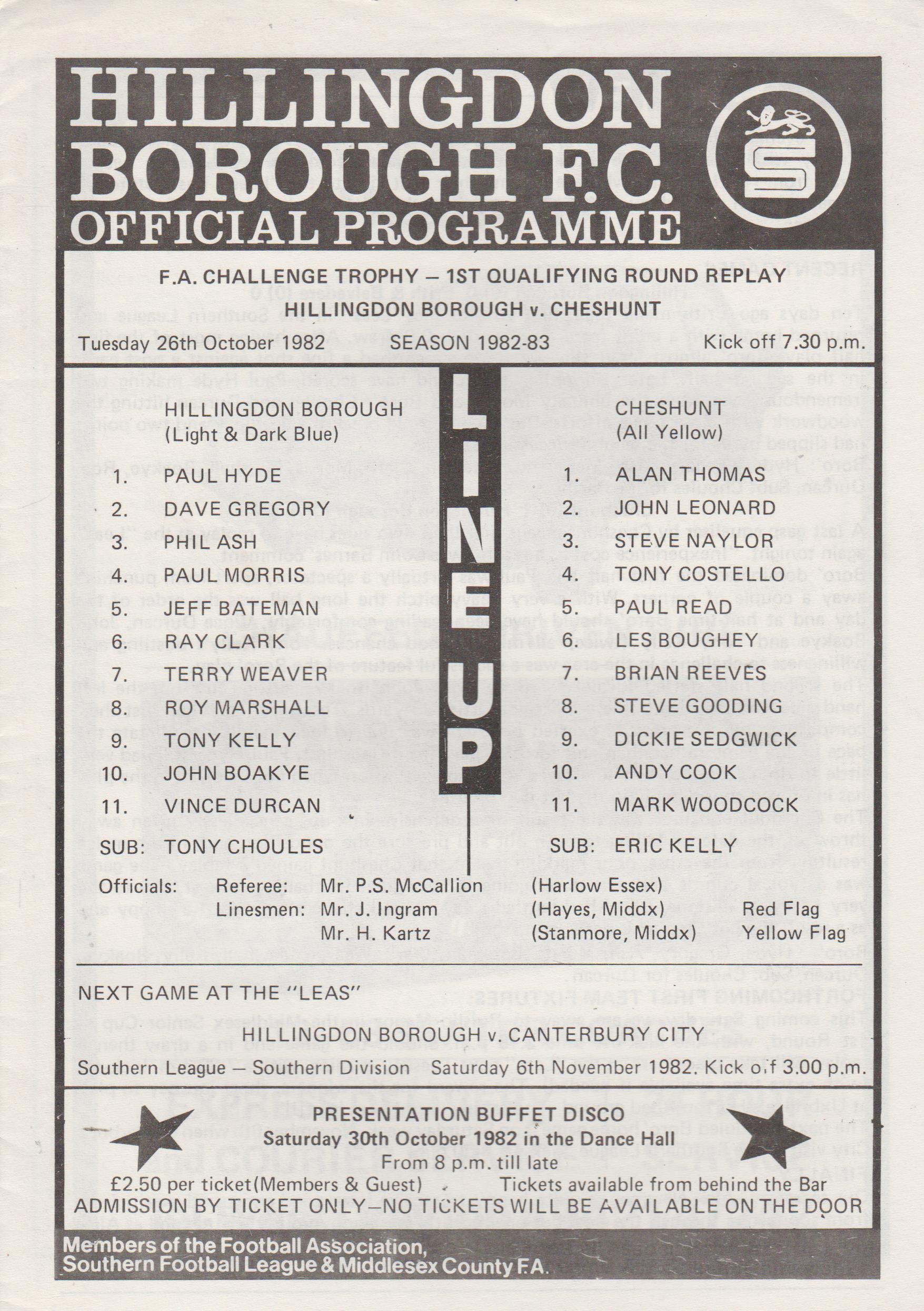 Hillingdon Borough v Cheshunt   26-Oct-1982