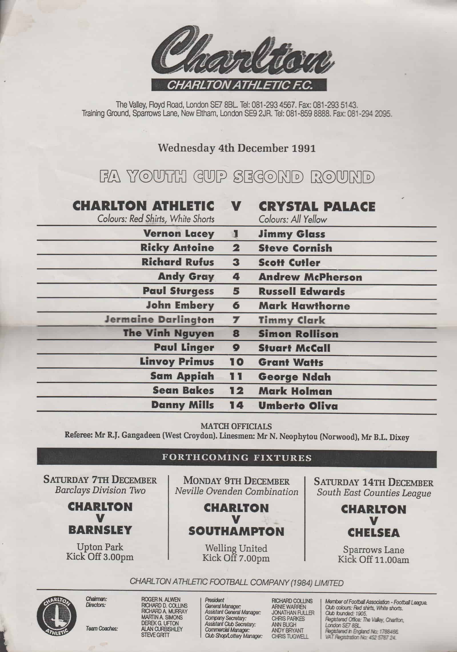 Charlton Athletic Yth v Crystal Palace Yth 04-Dec-1991