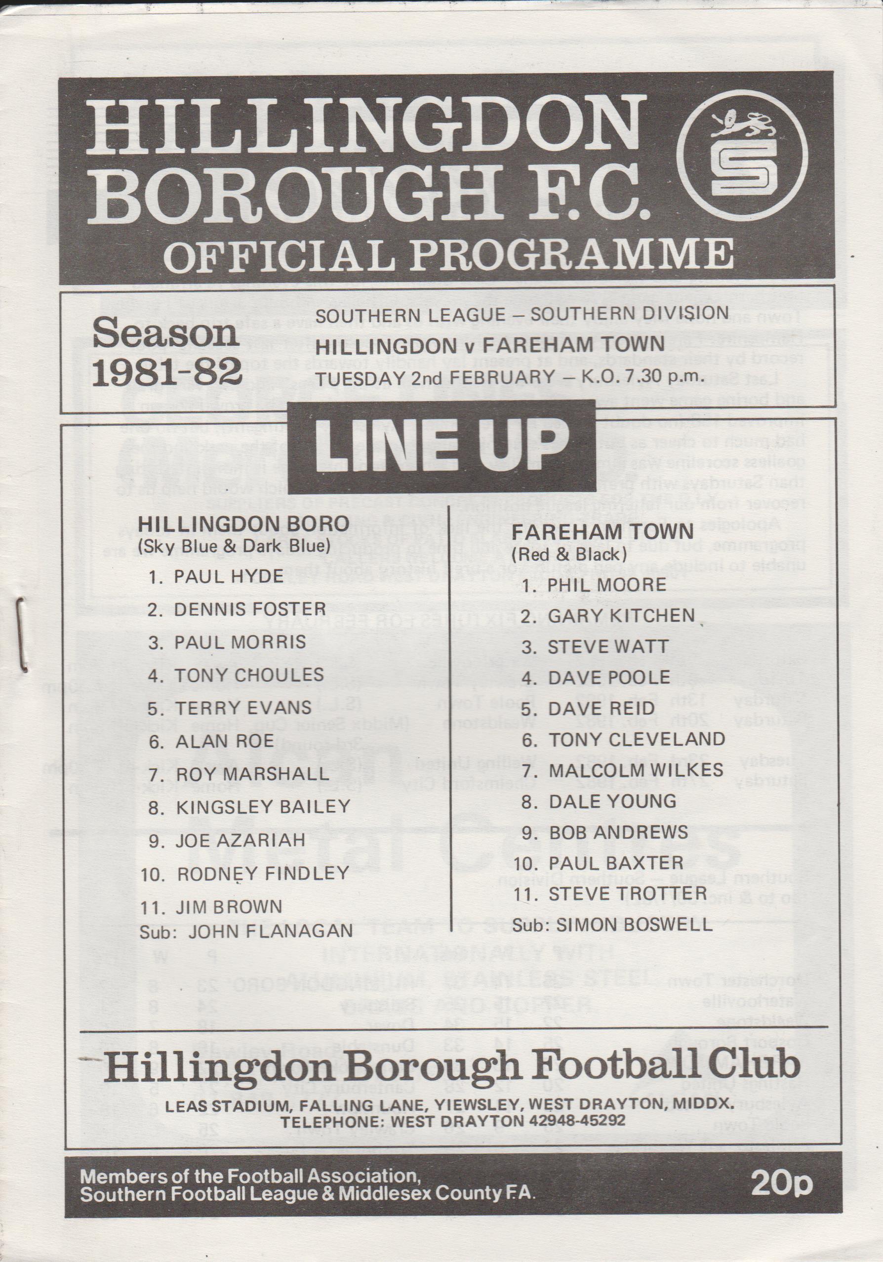 Hillingdon Borough v Fareham Town  02-Feb-1982