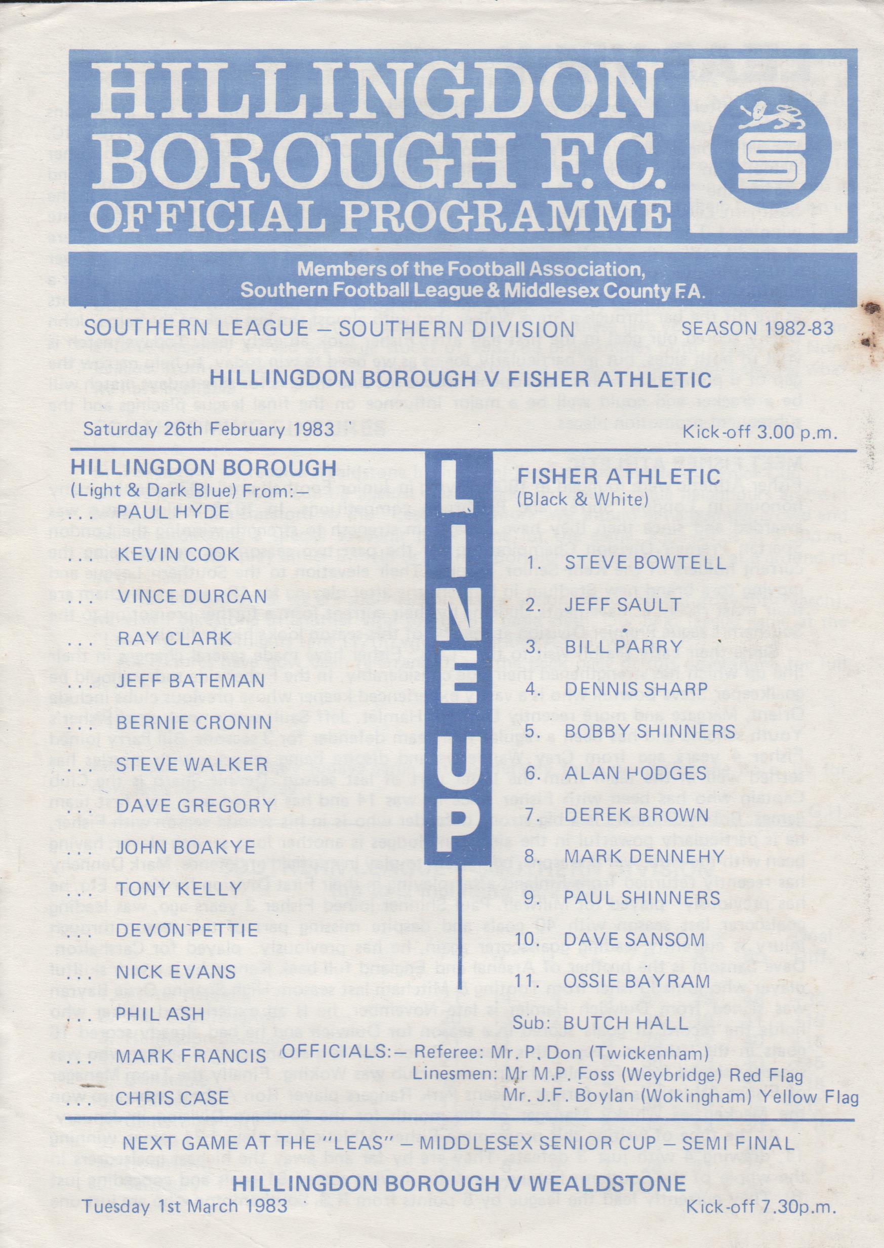 Hillingdon Borough v Fisher Athletic  26-Feb -1983