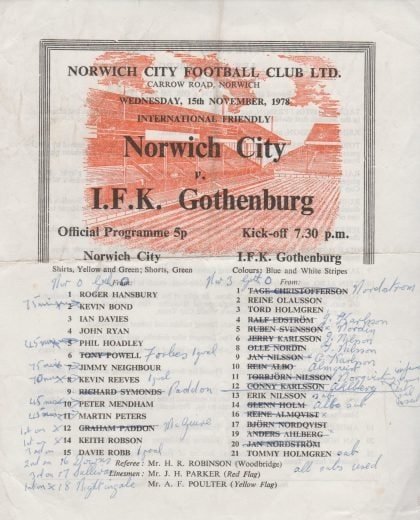 Norwich City v IFK Gothenburg  15-Nov-1978