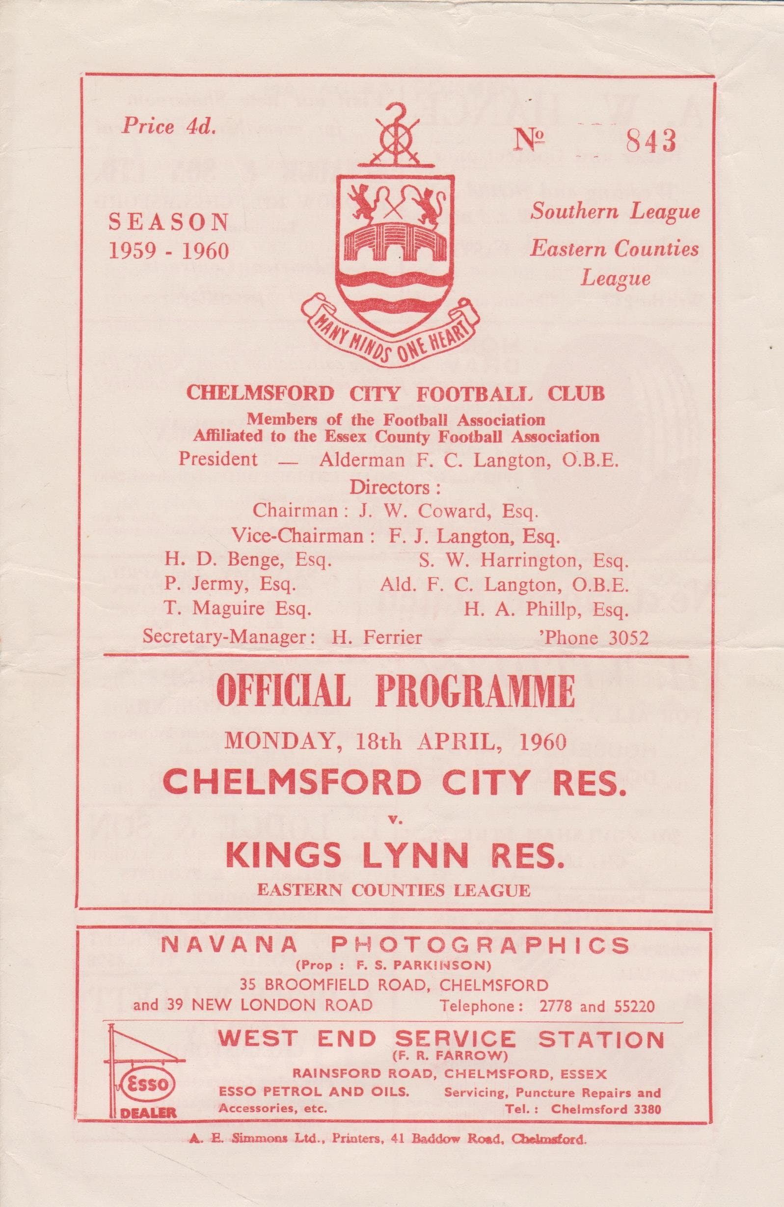 Chelmsford City Reserves v Kings Lynn Reserves 18Apr1960