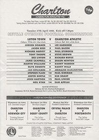 Charlton Athletic Reserves v Luton Town Reserves 27-Apr-1993