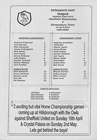 Sheffield Wednesday Reserves v Shrewsbury Town Reserves 14-Apr-2010