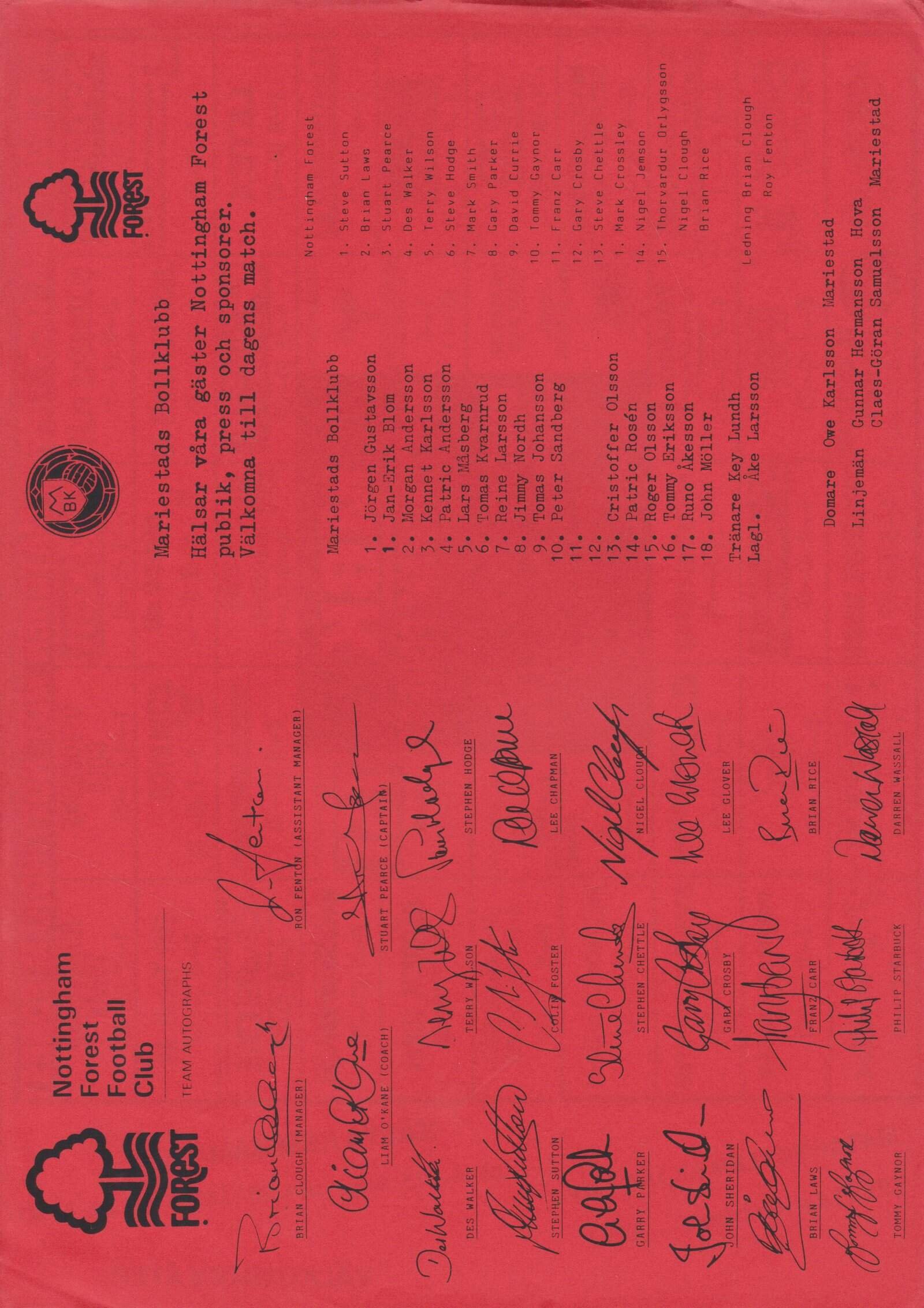 Mariestads v Nottingham Forest 01-Aug-1990