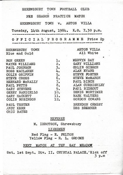 Shrewsbury Town v Aston Villa 14-Aug-1984