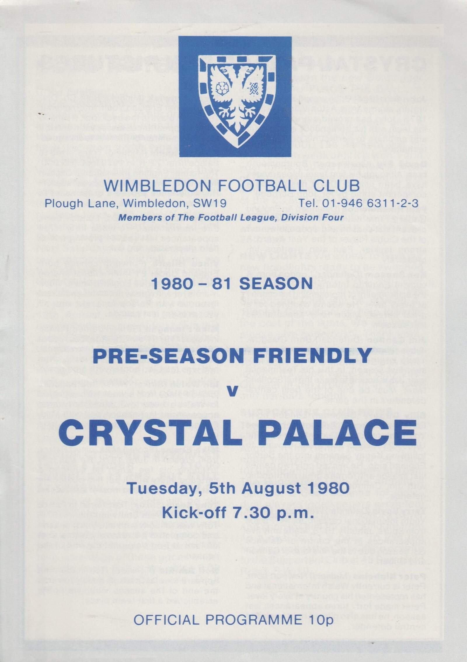 Wimbledon v Crystal Palace 05-Aug-1980
