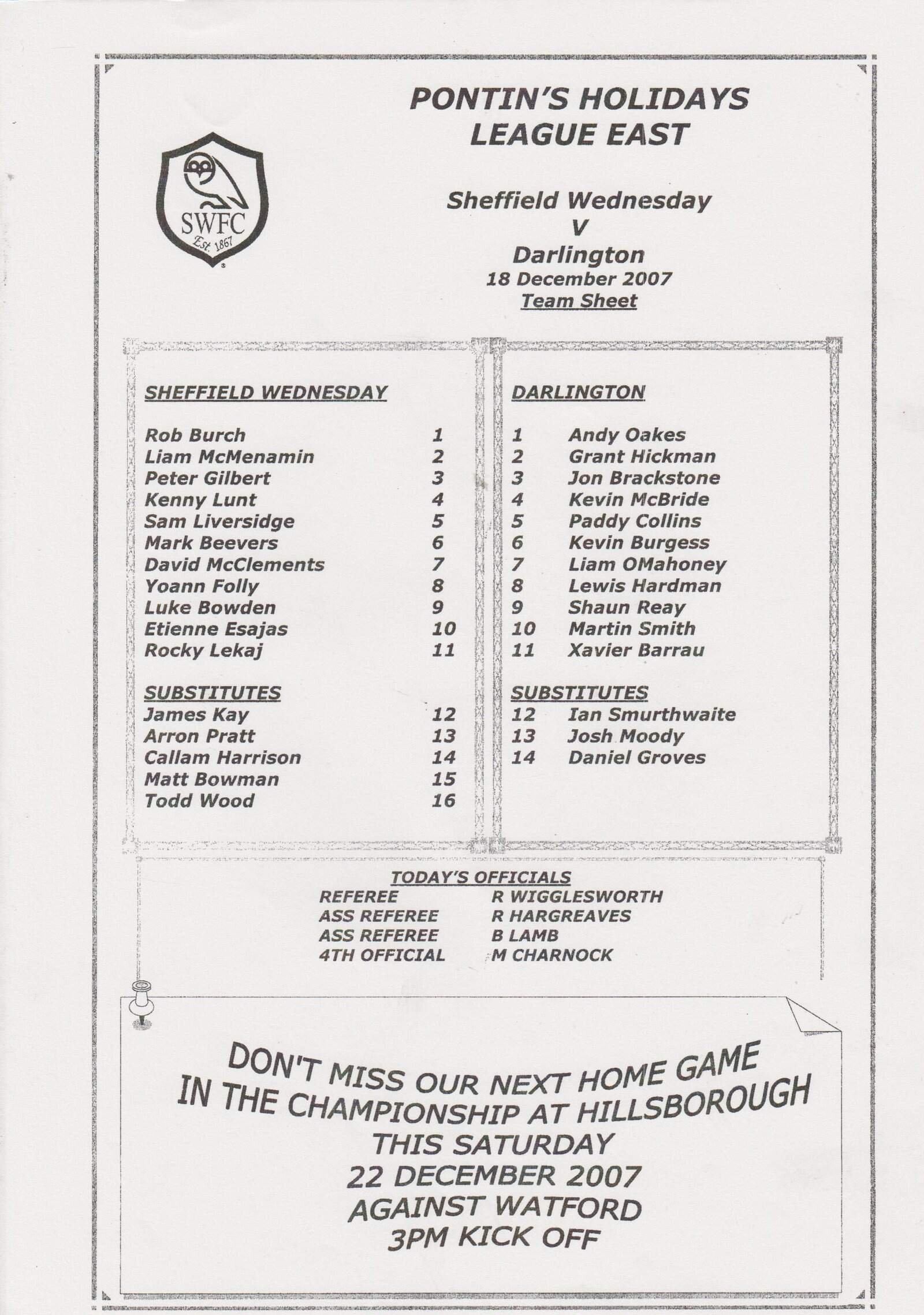 Sheffield Wednesday Reserves v Darlington Reserves 18-Dec-2007