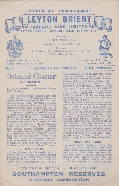 Leyton Orient Reserves v Southampton Reserves 16-Feb-1957