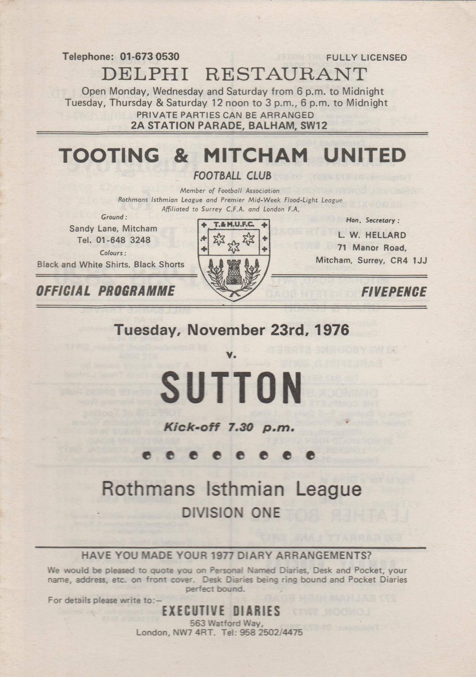 Tooting & Mitcham United v Sutton United 23-Nov-1976