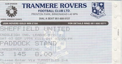 Tranmere Rovers v Sheffield United  03-Sep-1994