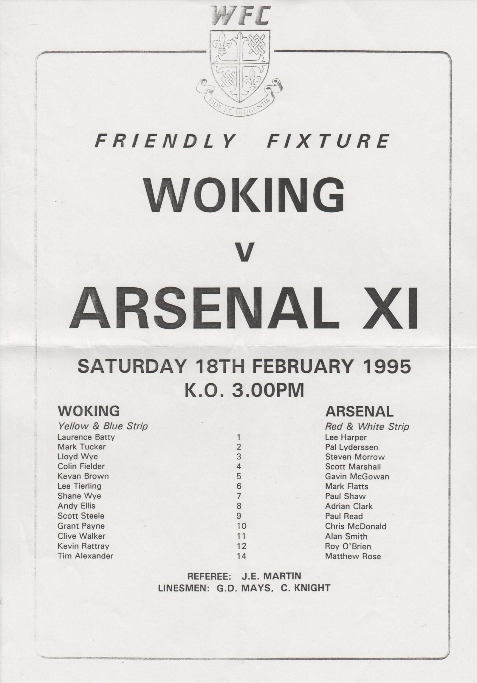 Woking v Arsenal XI  18-Feb-1995