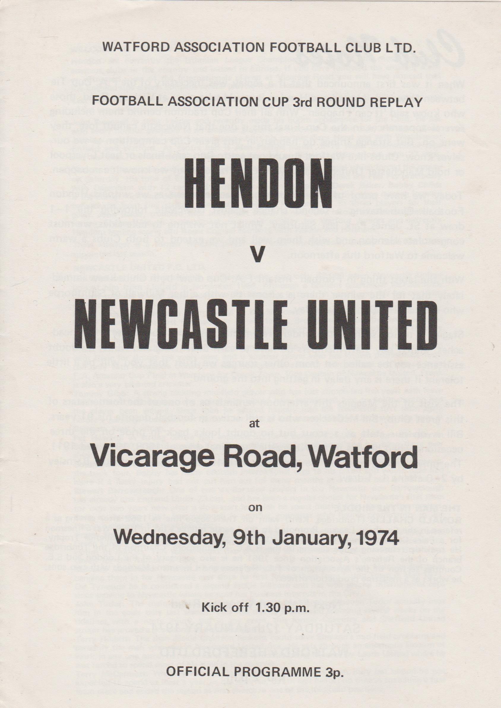 Hendon v Newcastle United  09-Jan-1974