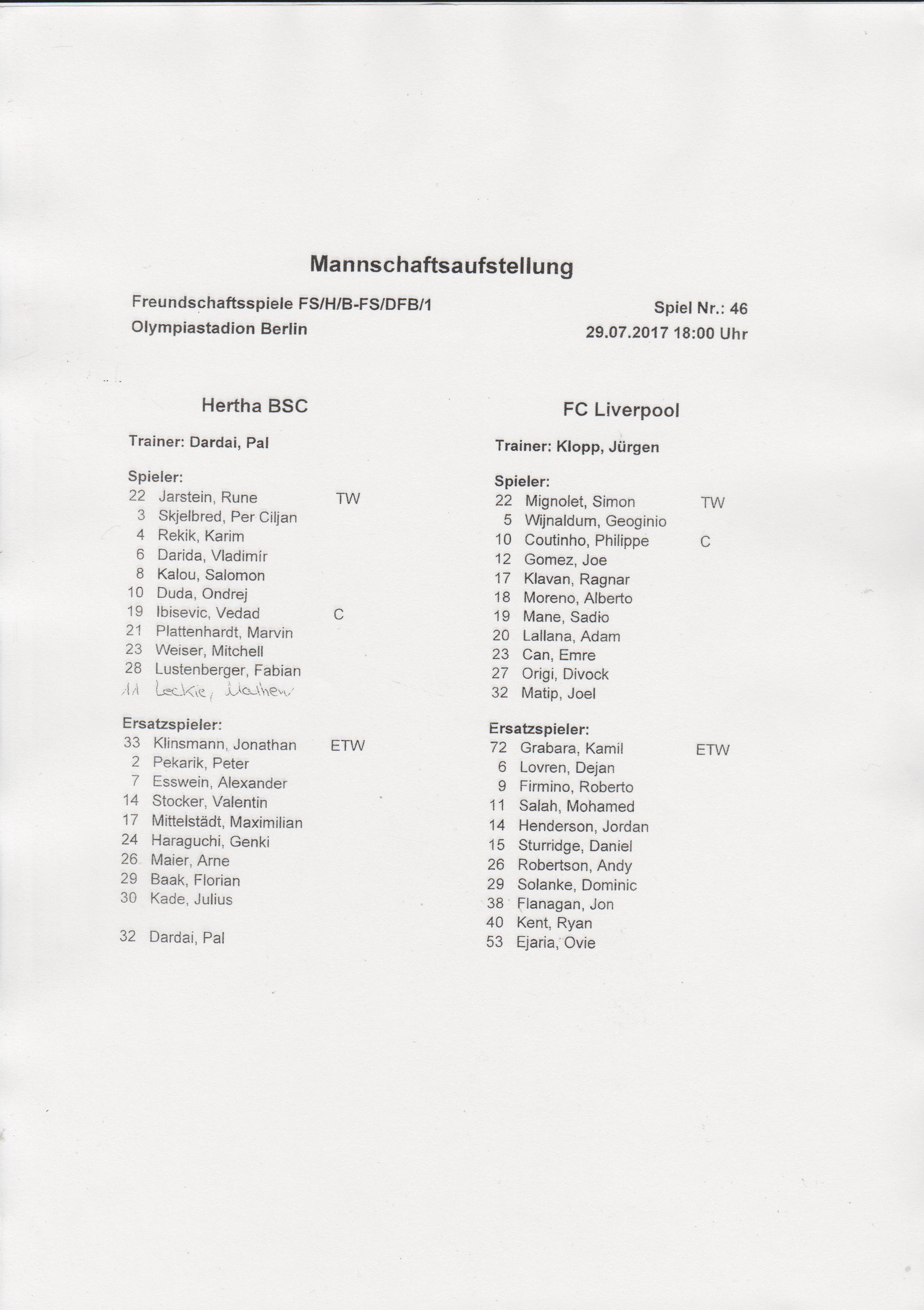 Hertha Berlin v Liverpool  28-Jul-2017