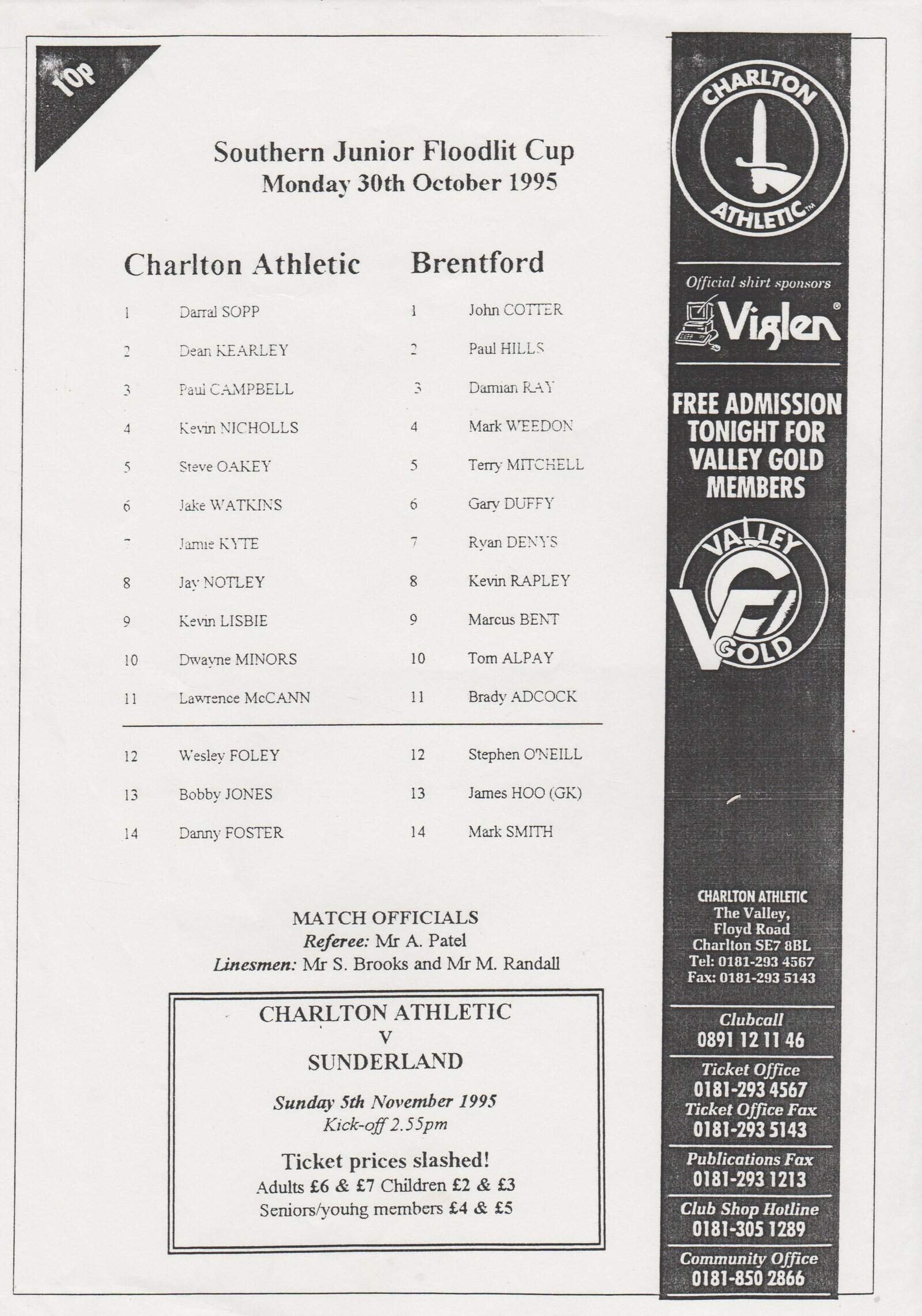 Charlton Athletic Youth v Brentford Youth  30-Oct-1995