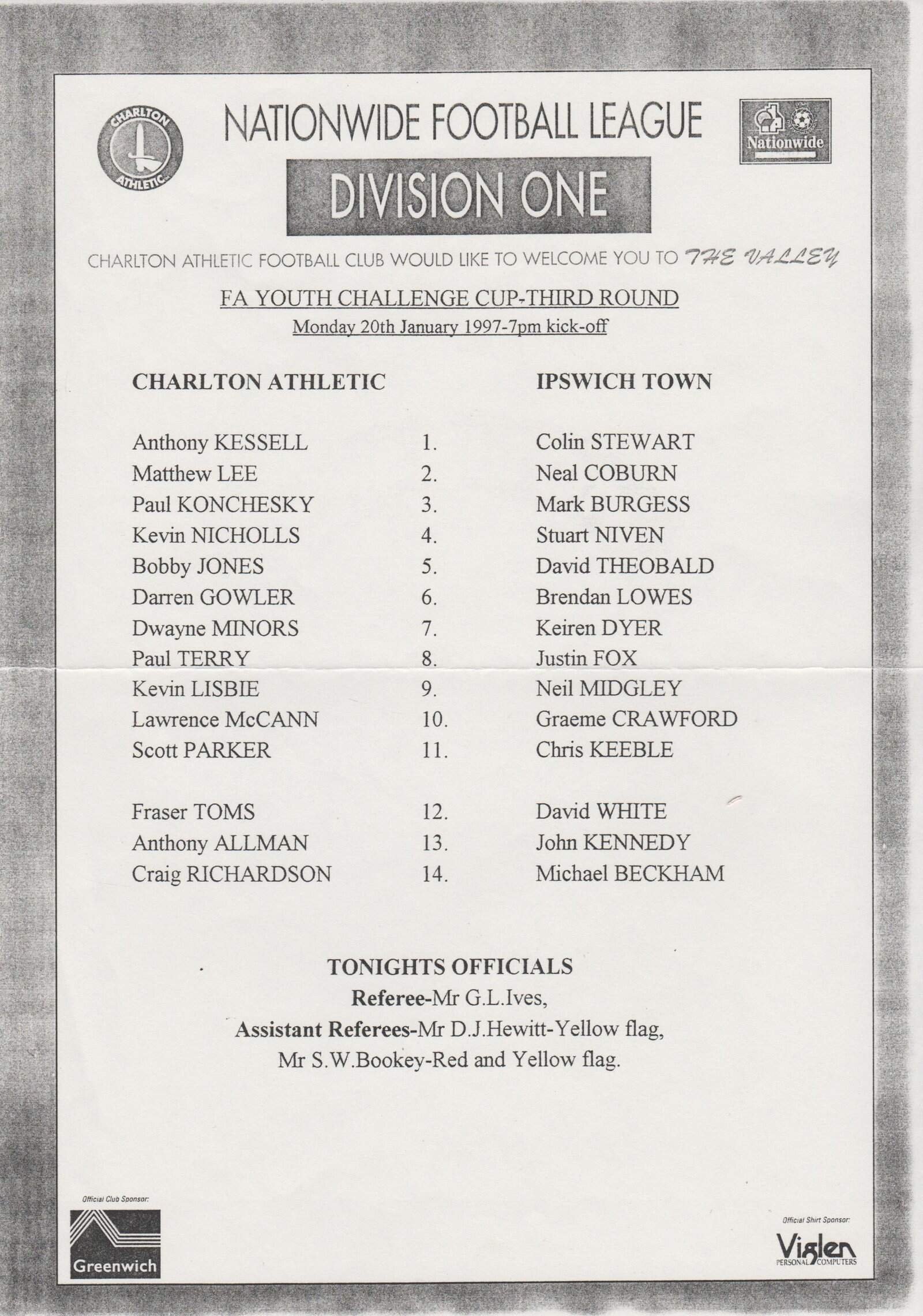 Charlton Athletic Youth v Ipswich Town Youth 20-Jan-1997