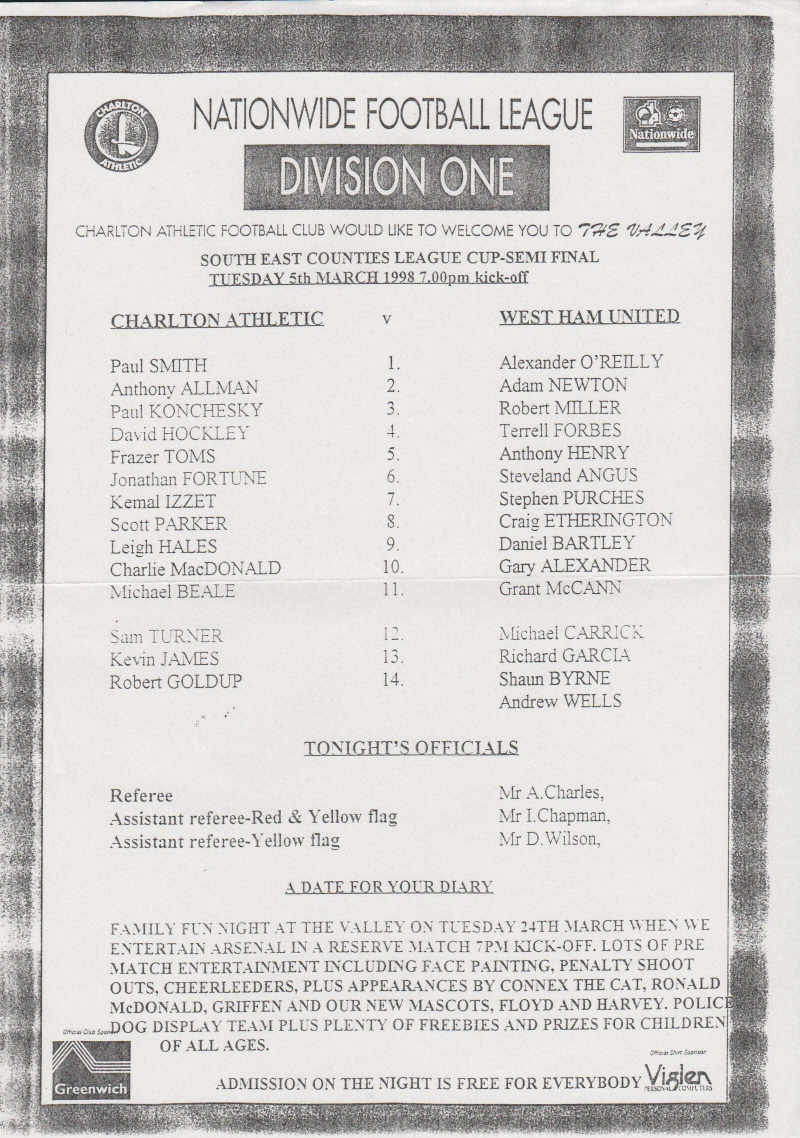 Charlton Athletic Youth v West Ham United Youth  05-Mar-1998