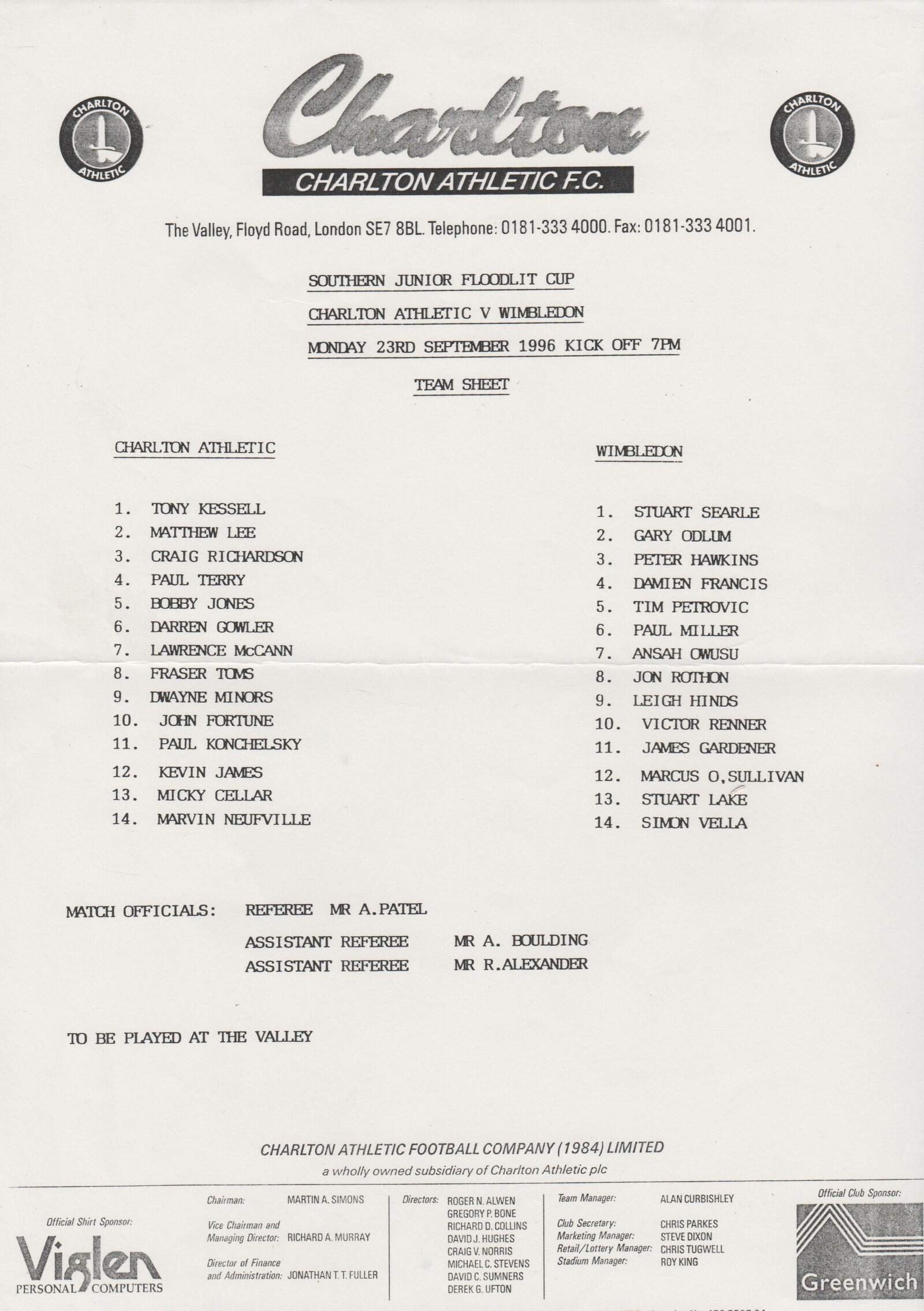 Charlton Athletic Youth v Wimbledon Youth 23-Sep-1996