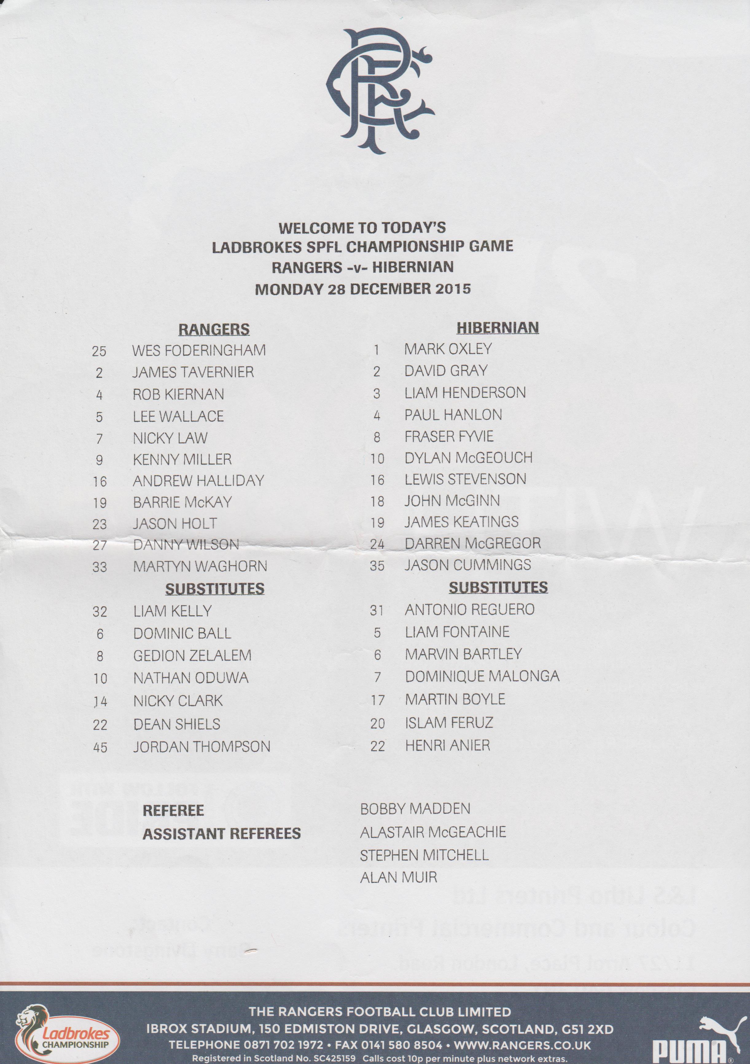 Glasgow Rangers v Hibernian  28-Dec-2015