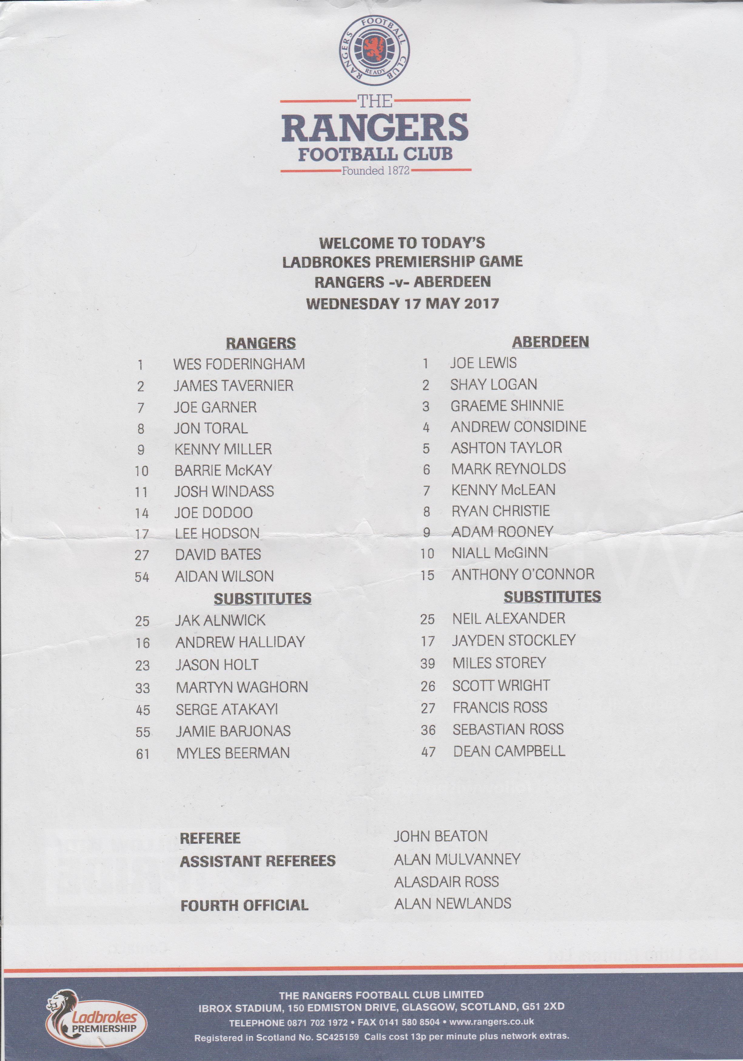 Glasgow Rangers v Aberdeen 17-May-2017