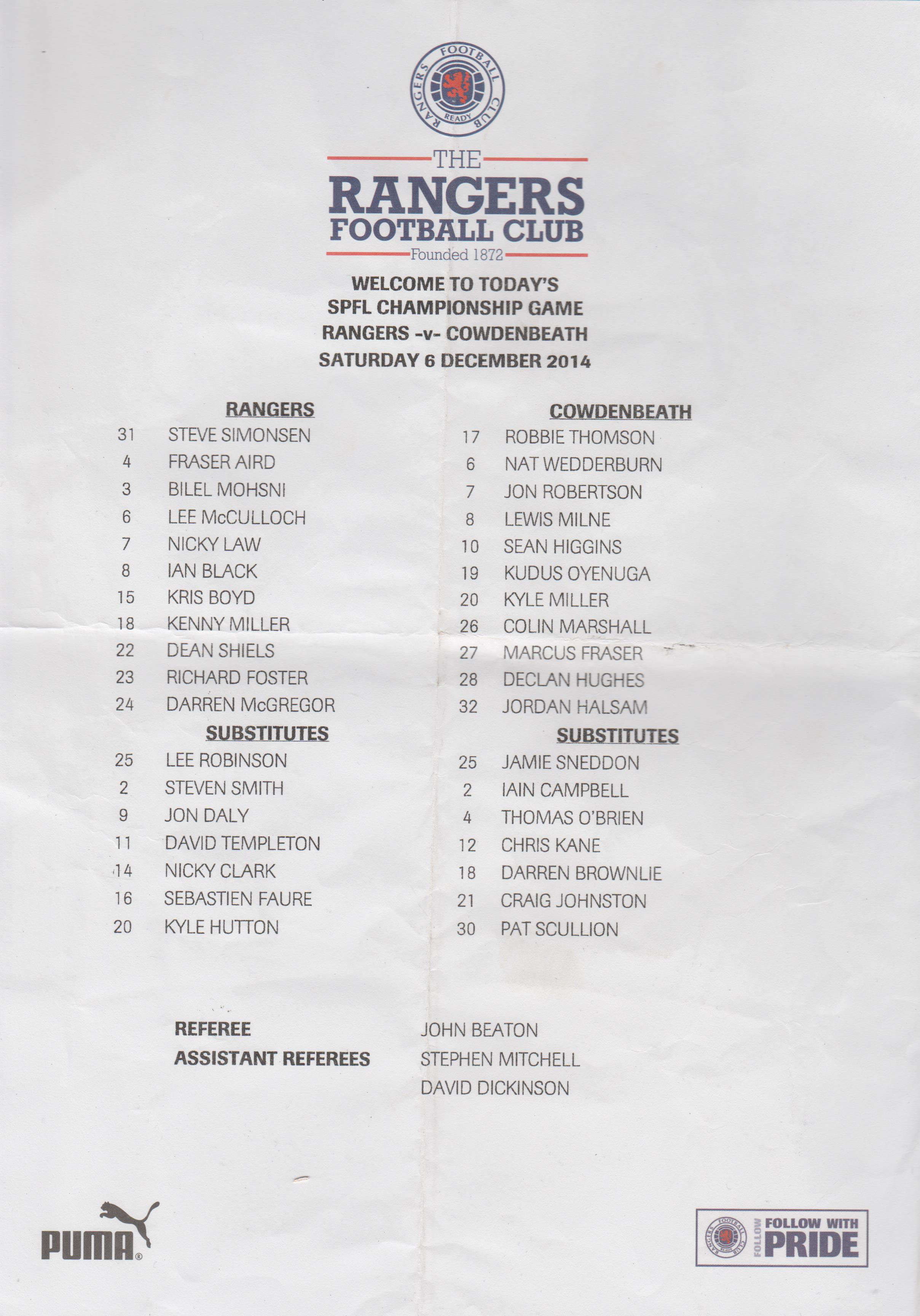 Glasgow Rangers v Cowdenbeath  06-Dec-2014