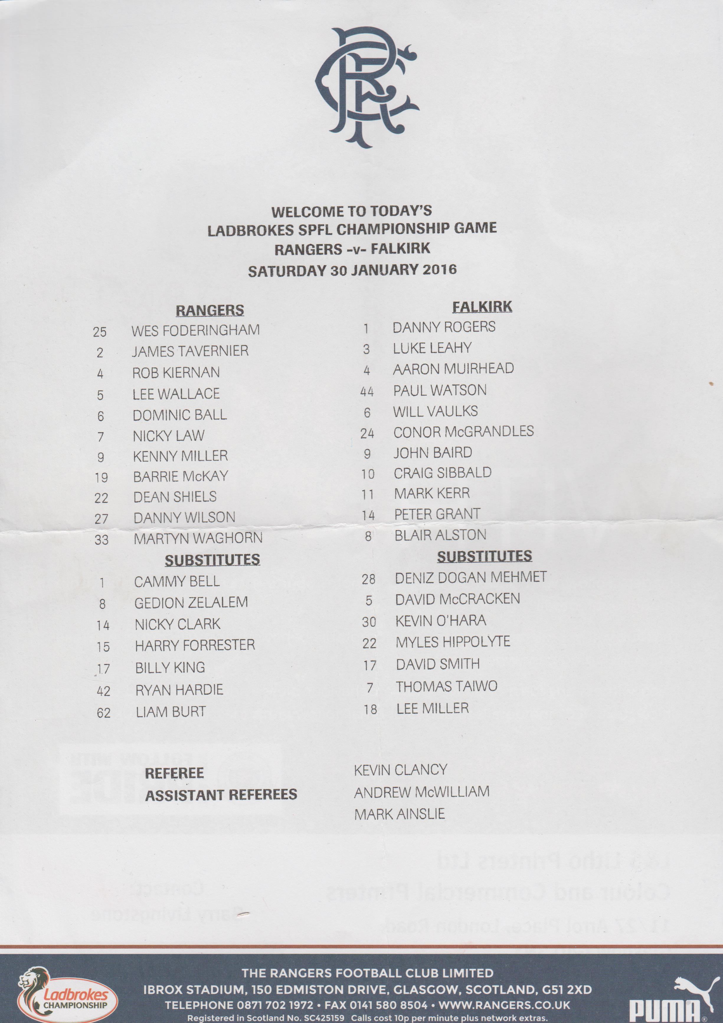 Glasgow Rangers v Falkirk  30-Jan-2016