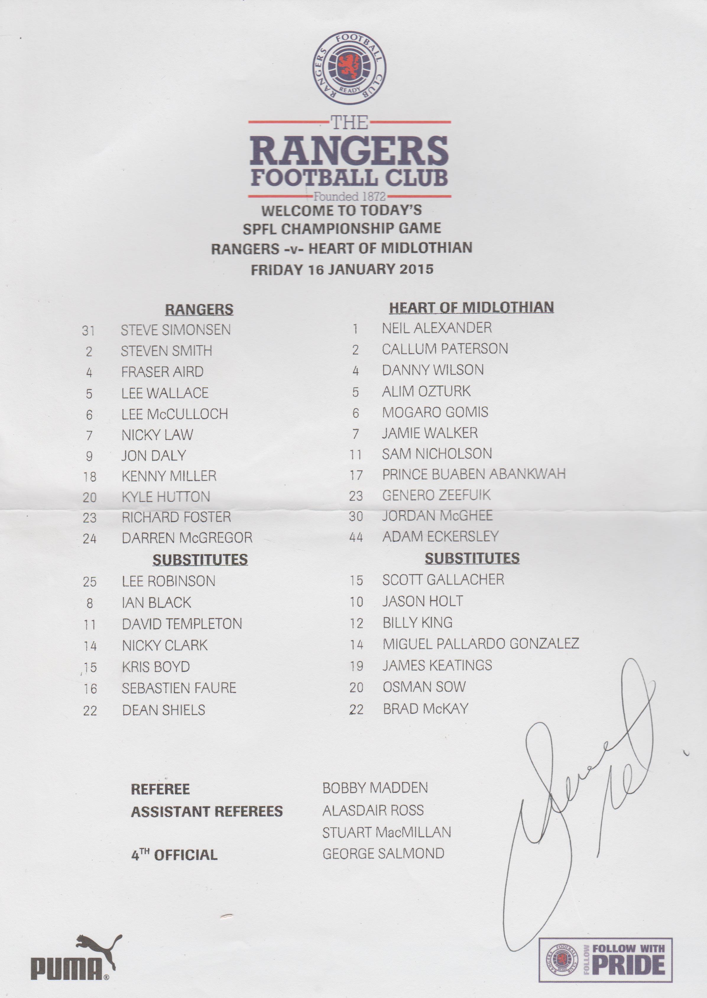 Glasgow Rangers v Heart of Midlothian 16-Jan-2015
