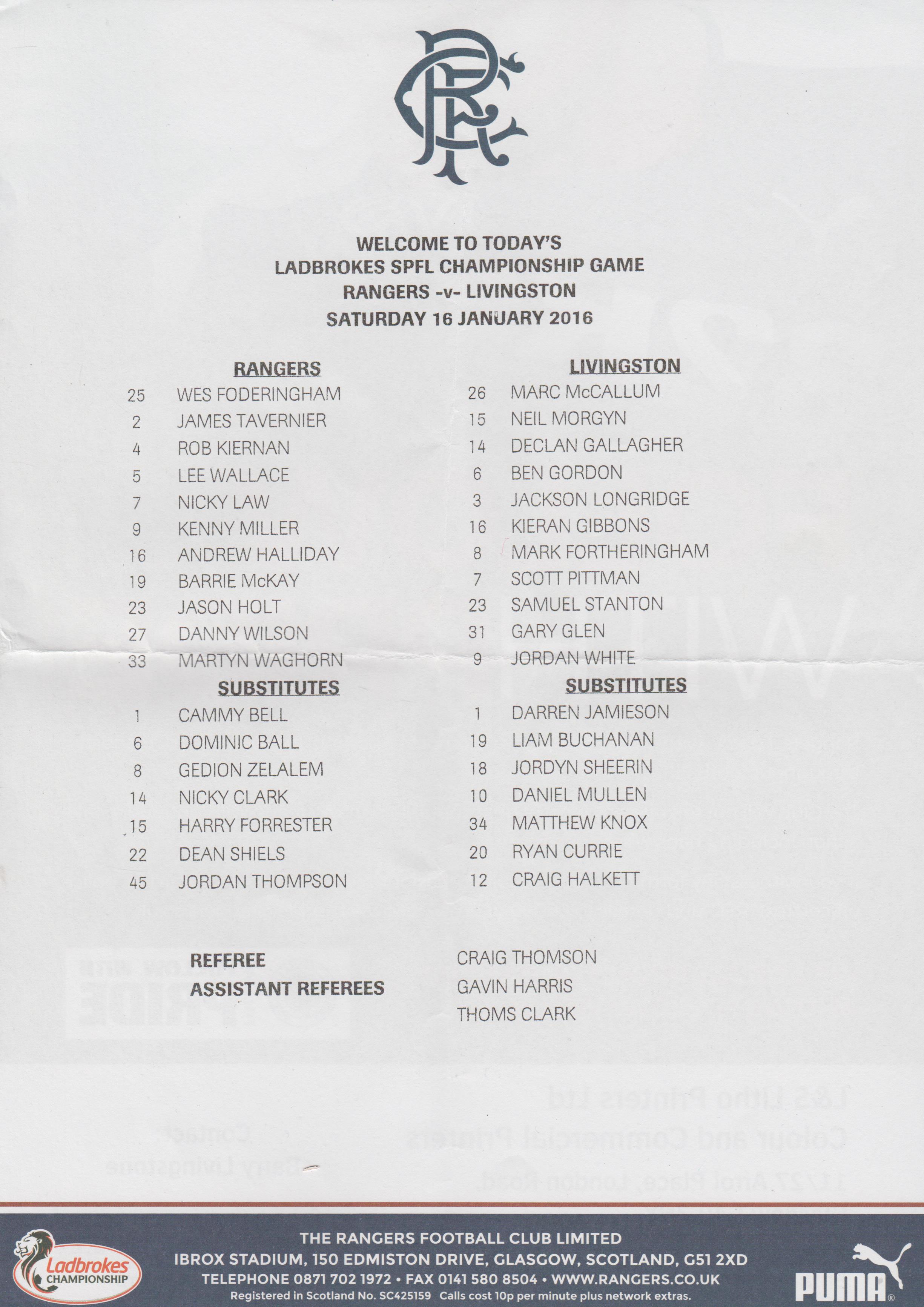 Glasgow Rangers v Livingston  16-Jan-2016