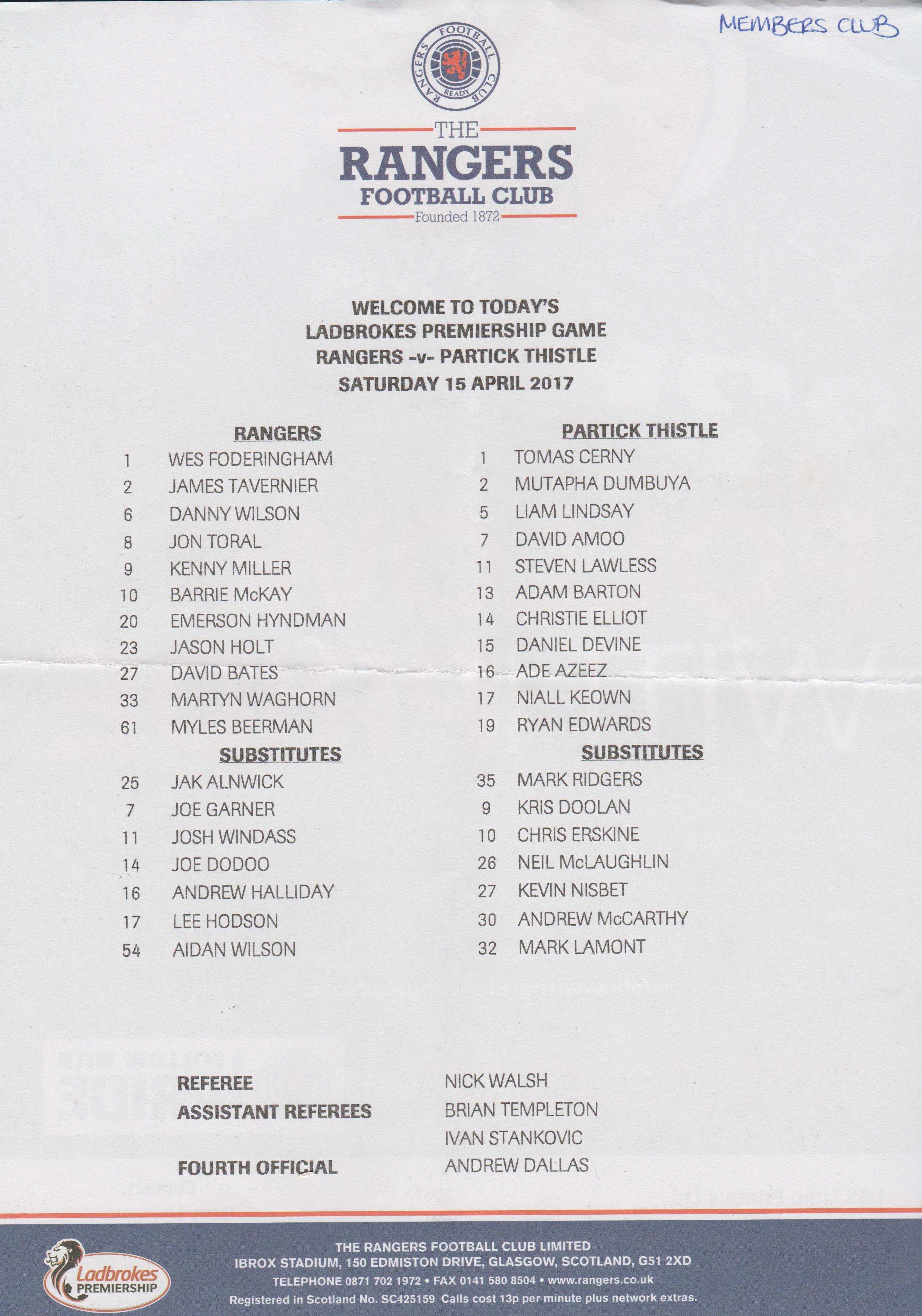 Glasgow Rangers v Partick Thistle  15-Apr-2017