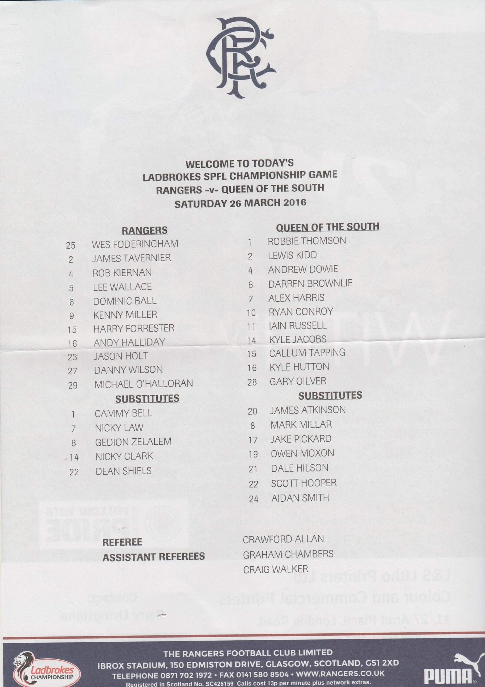 Glasgow Rangers v Queen of the South  26-Mar-2016