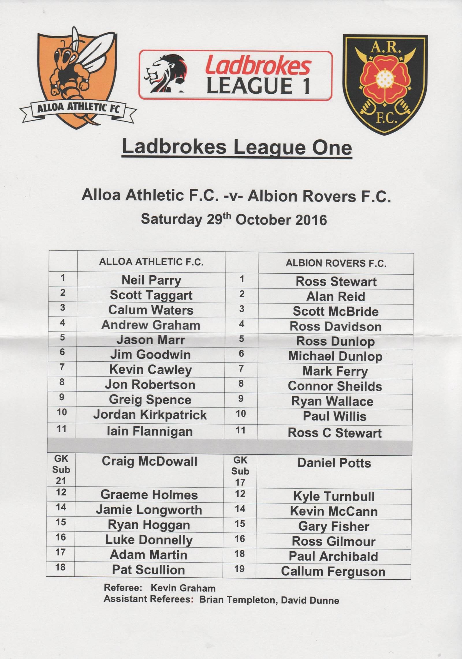 Alloa Athletic v Albion Rovers 29-Oct-2016