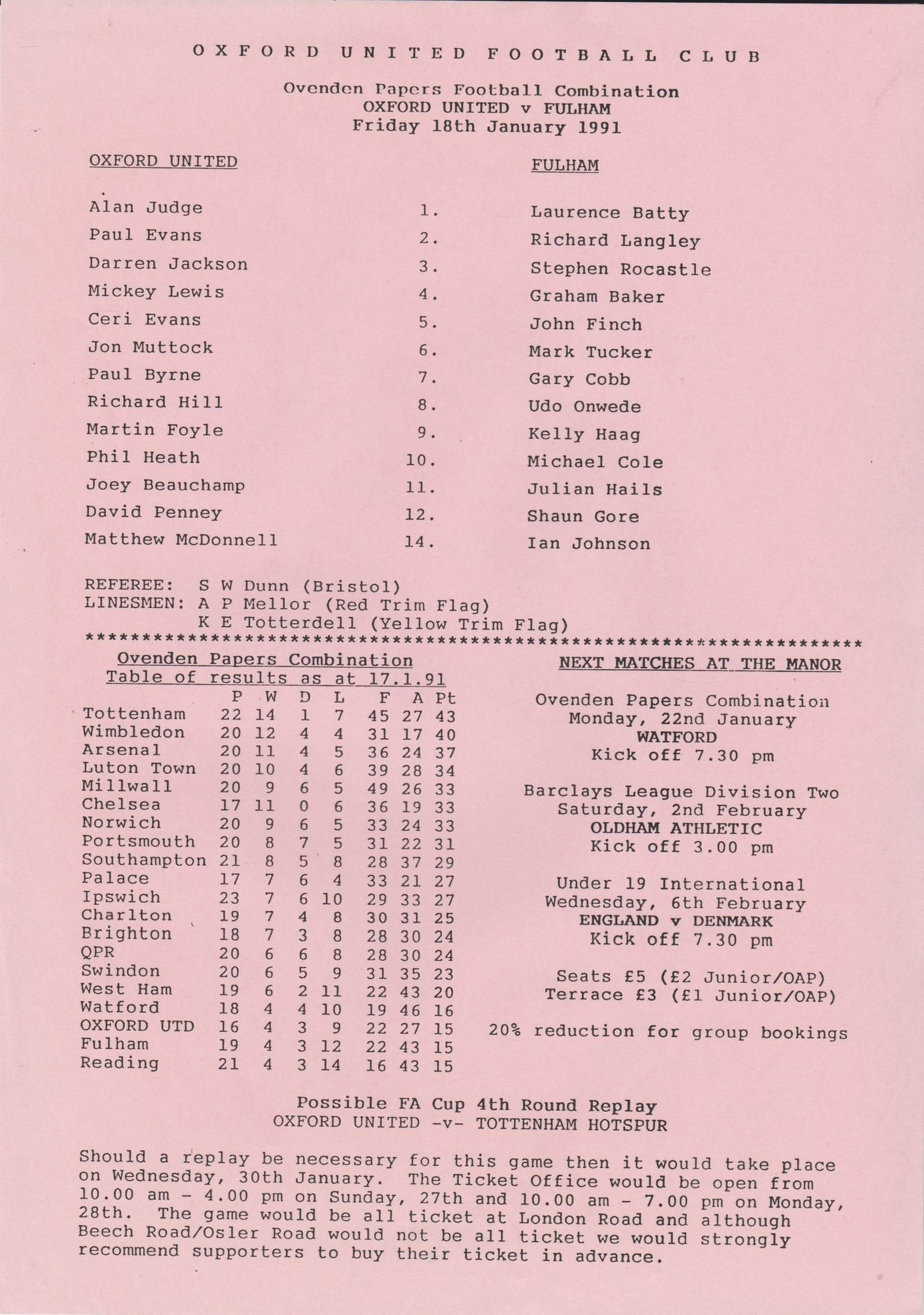 Oxford United Reserves v Fulham Reserves  18-Jan-1991