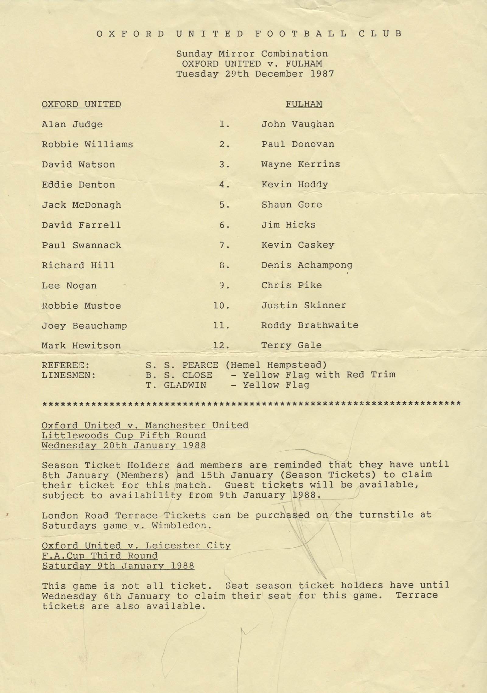 Oxford United Reserves v Fulham Reserves 29-Dec-1987