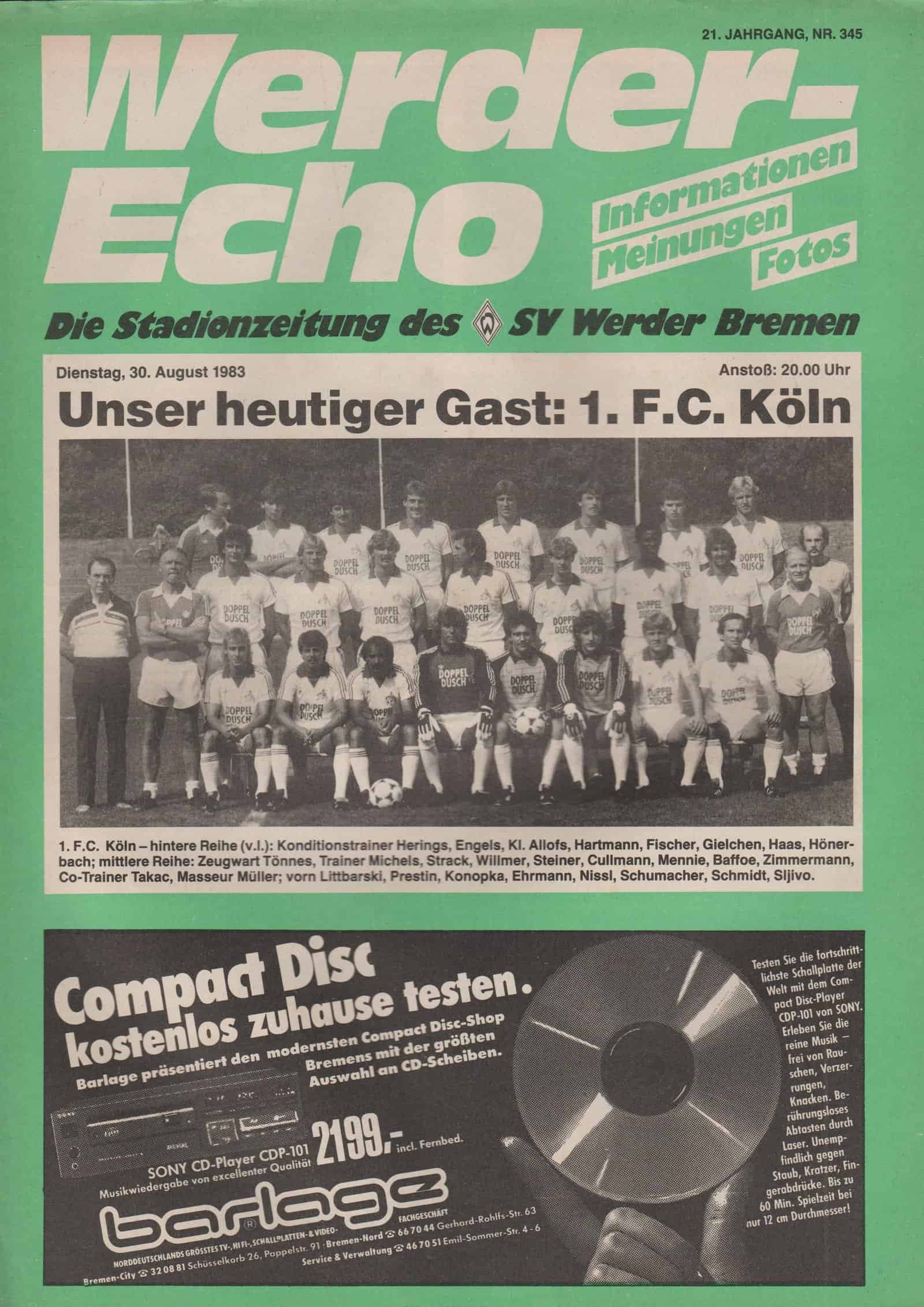 Werder Bremen v FC Köln 30-Aug-1983