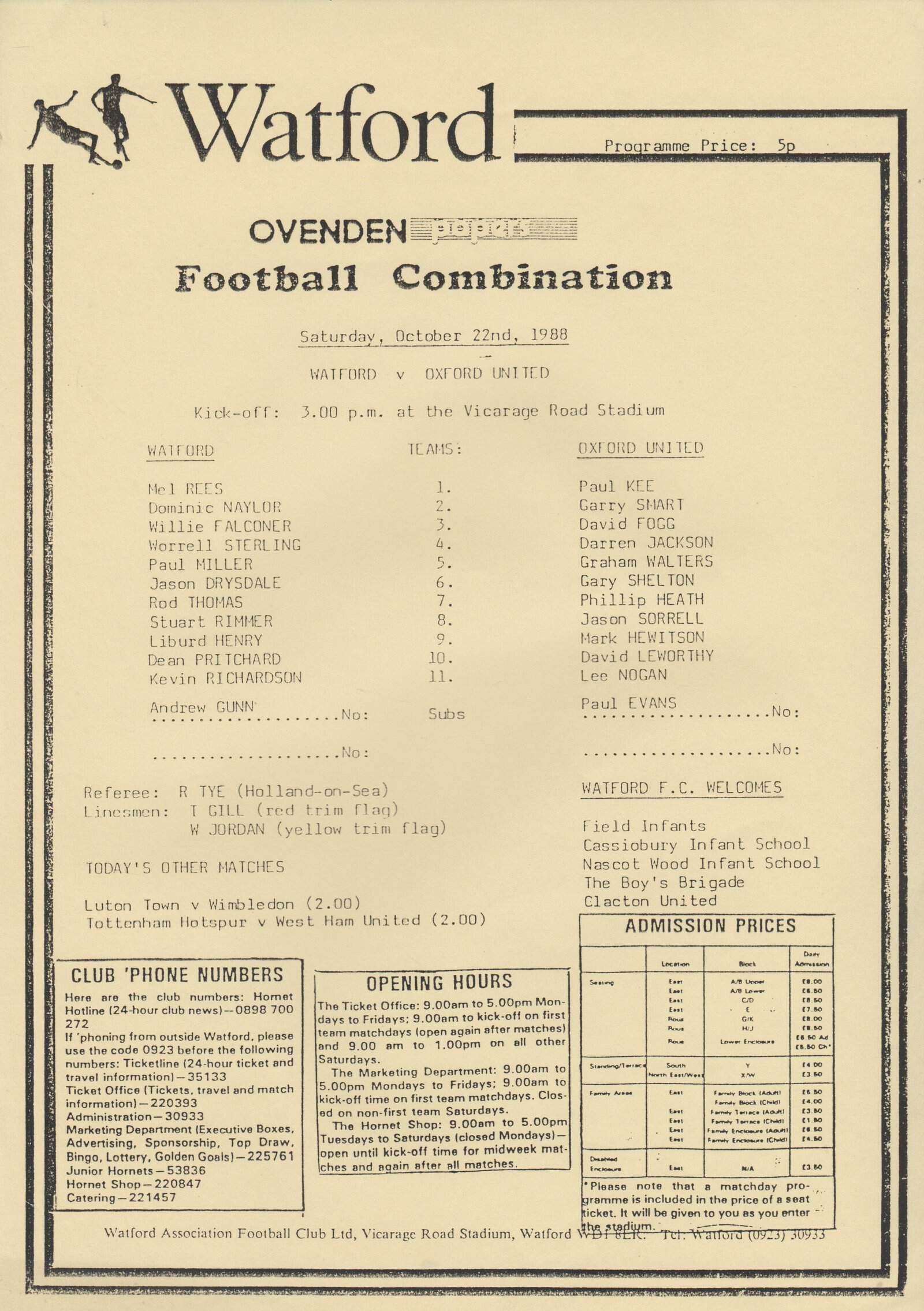 Watford Reserves v Oxford United Reserves  22-Oct-1988