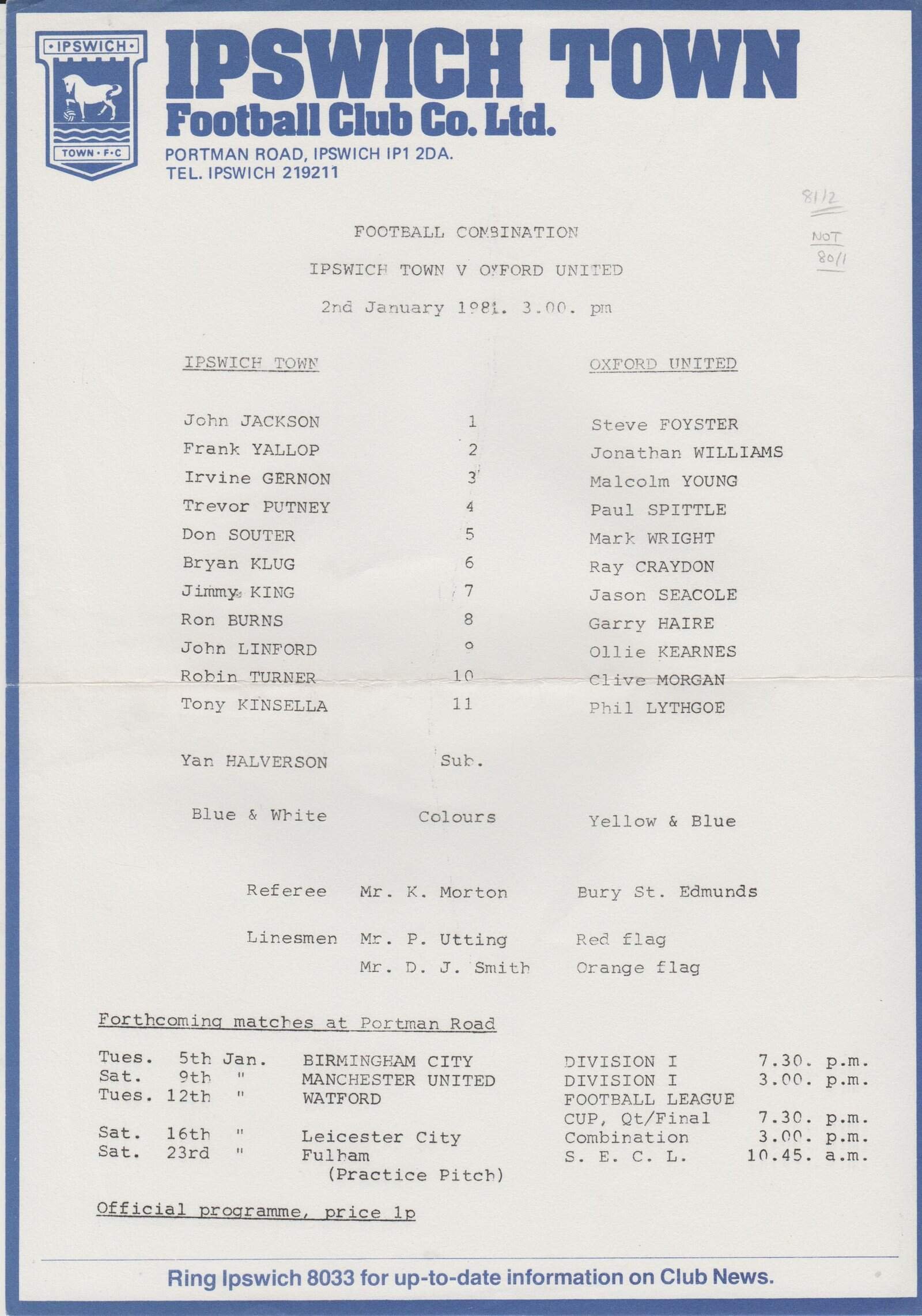 Ipswich Town Reserves v Oxford United Reserves  02-Jan-1982