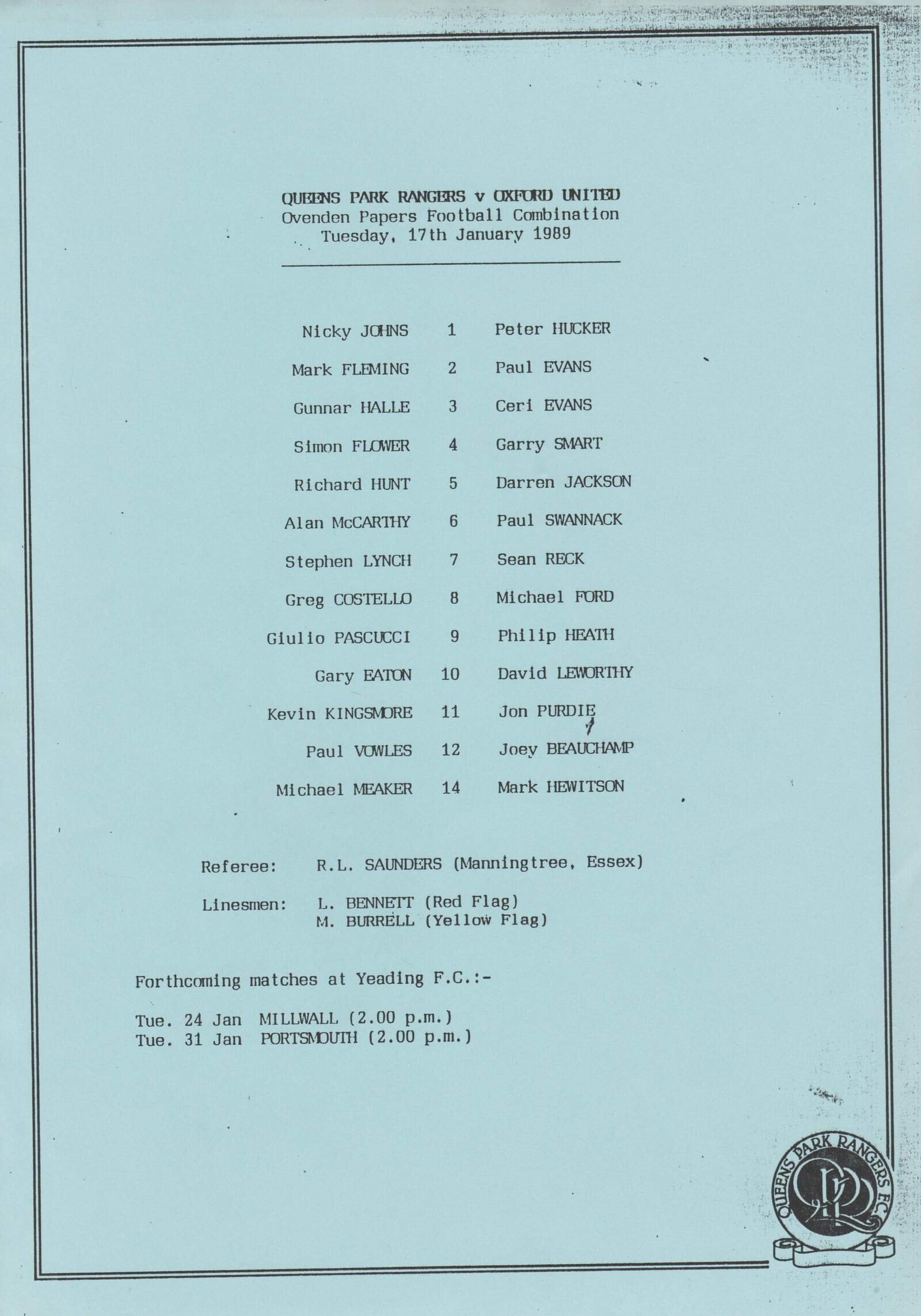 Queens Park Rangers Reserves v Oxford United Reserves  17-Jan-1989