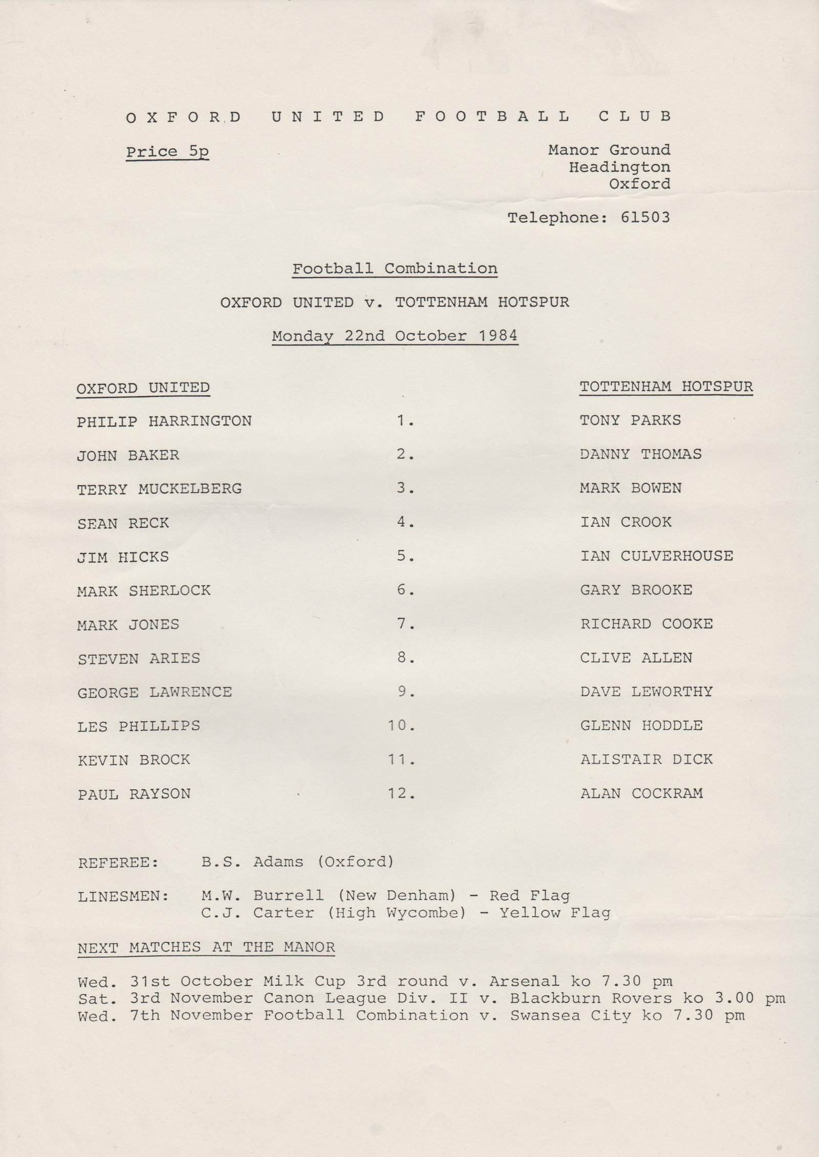 Oxford United Reserves v Tottenham Hotspur Reserves  22-Oct-1984