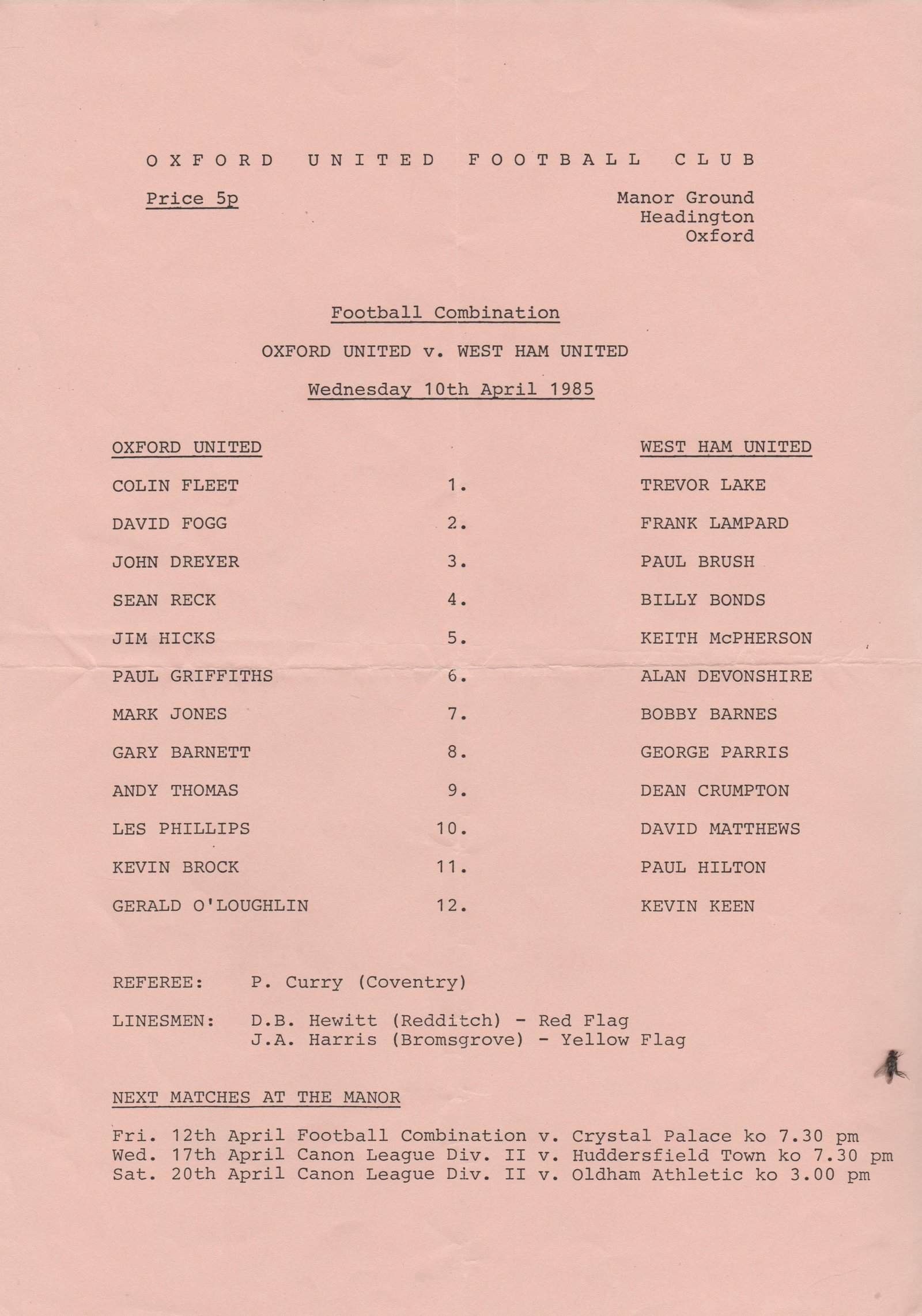 Oxford United Reserves v West Ham United Reserves  10-Apr-1985