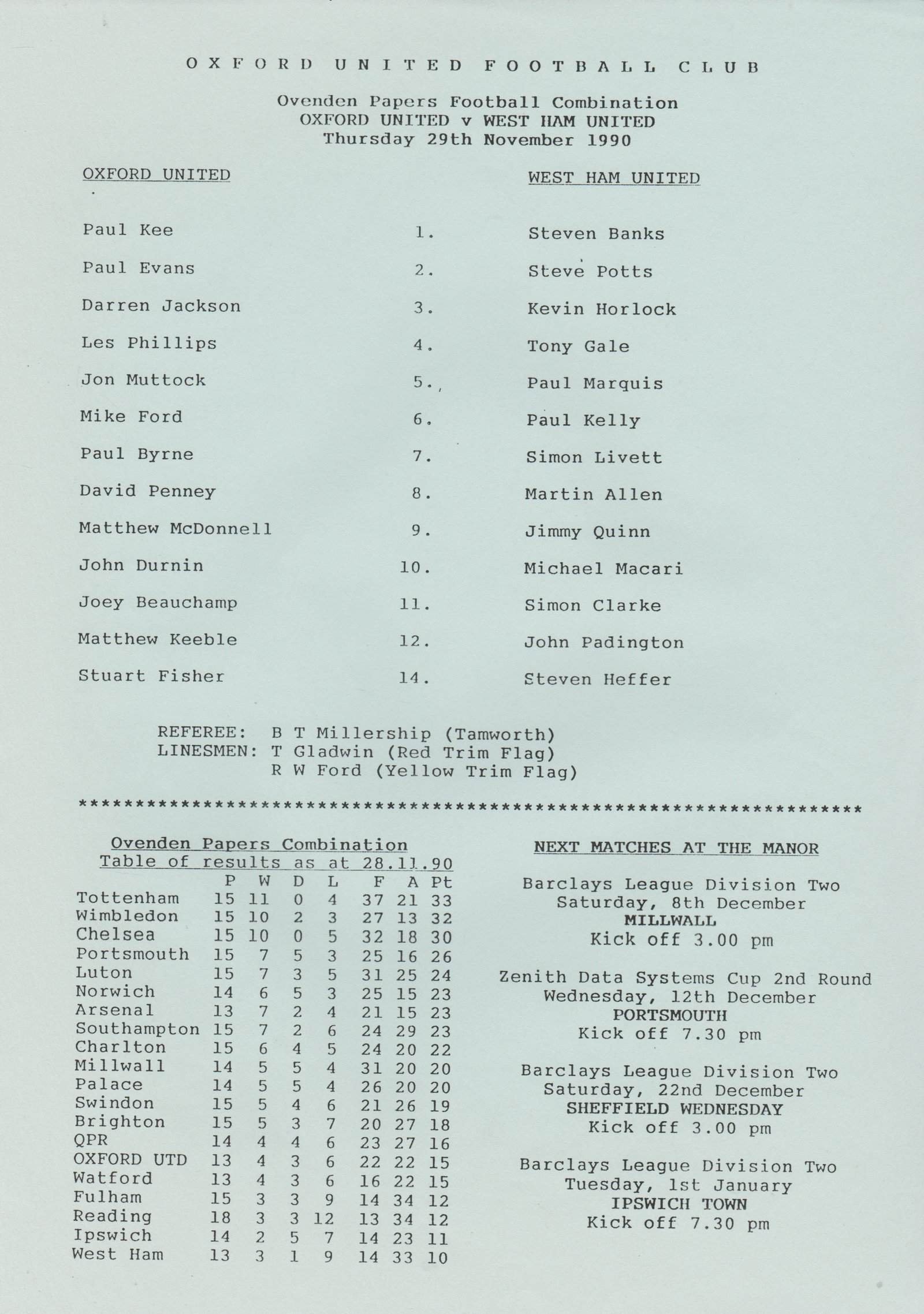 Oxford United Reserves v West Ham United Reserves  29-Nov-1990