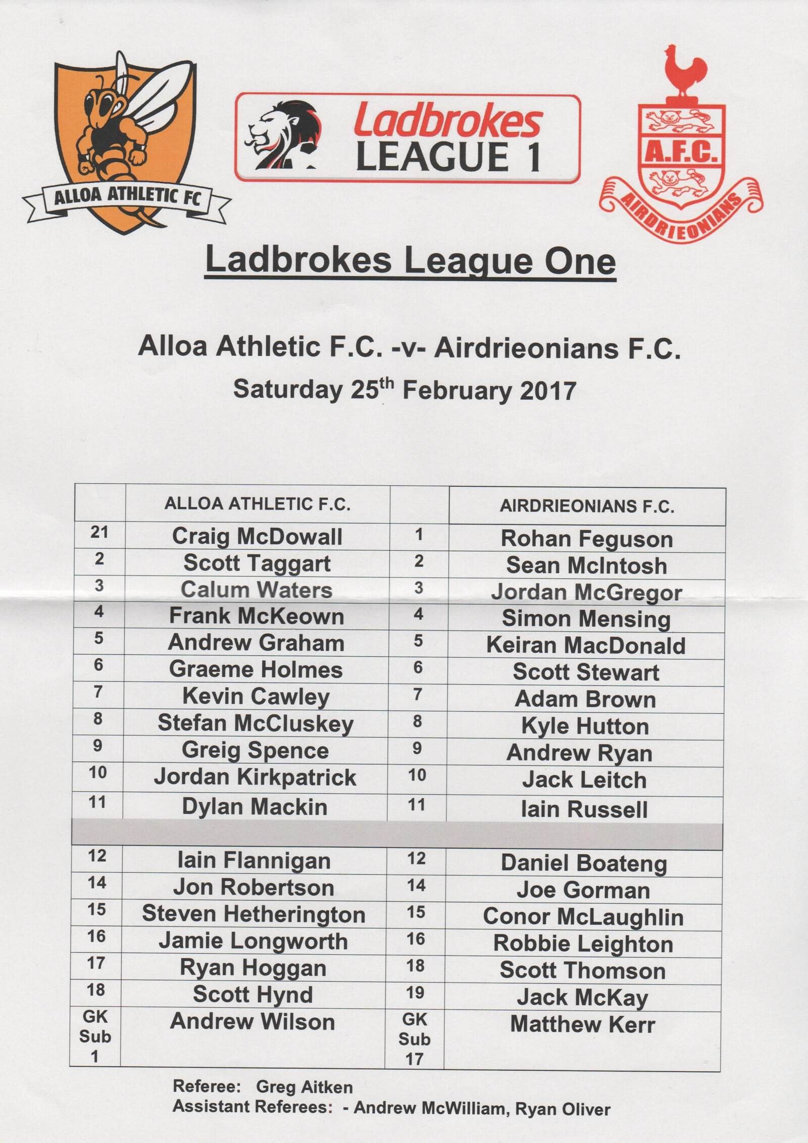 Alloa Athletic v Airdieonians  25-Feb-2017