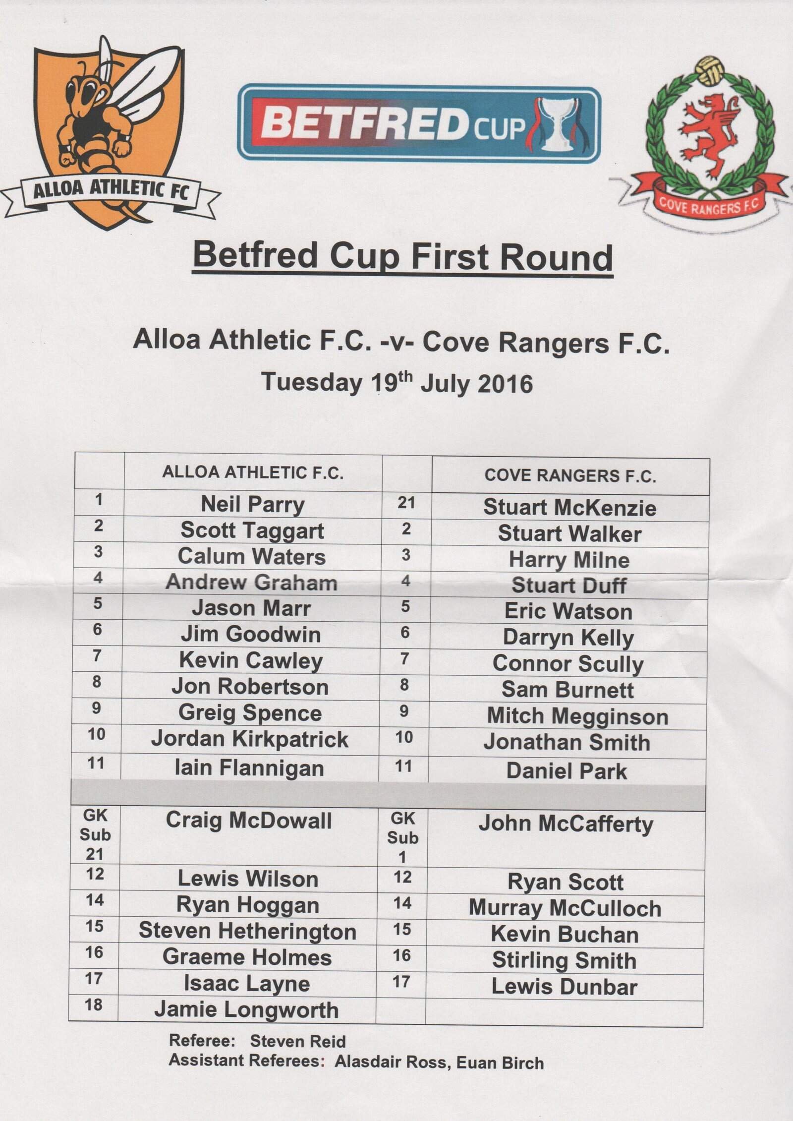 Alloa Athletic v Cove Rangers  19-Jul-2016