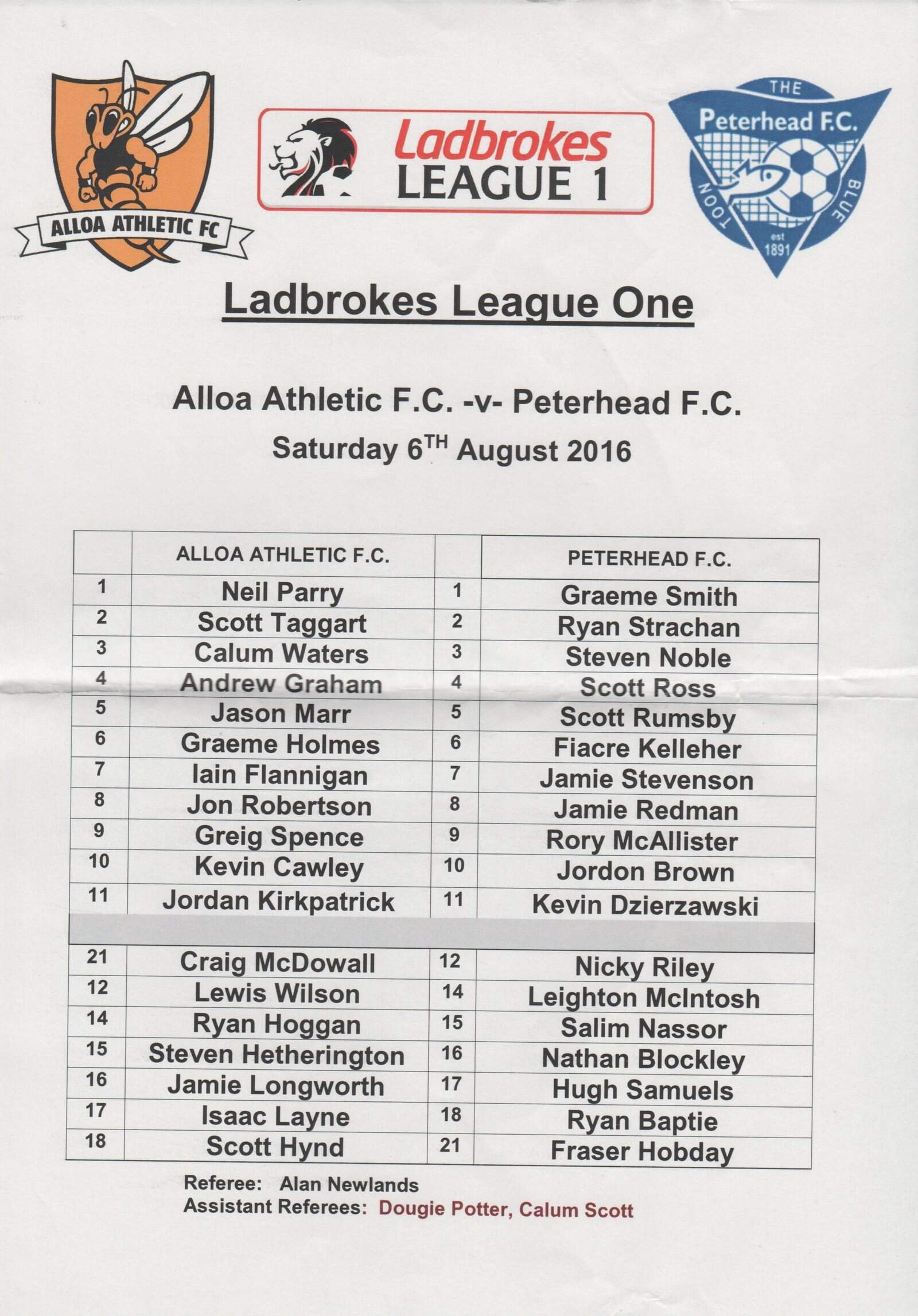 Alloa Athletic v Peterhead   06-Aug-2016