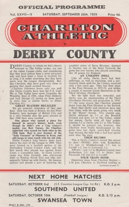 Charlton Athletic v Derby County 26-Sep-1959