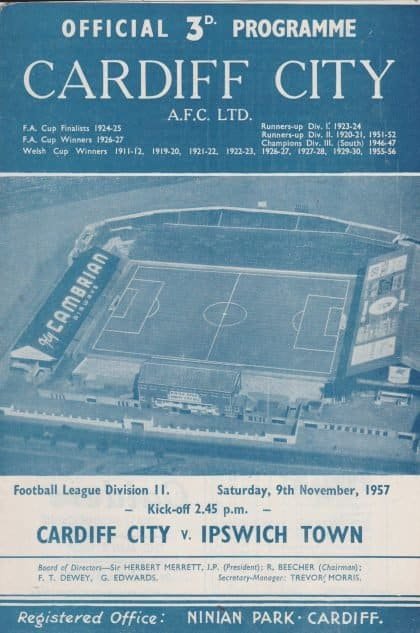 Cardiff City v Ipswich Town  09-Nov-1957