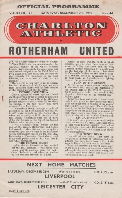 Charlton Athletic v Rotherham United  19-Dec-1959