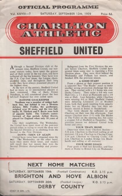 Charlton Athletic v Sheffield United  12-Sep-1959